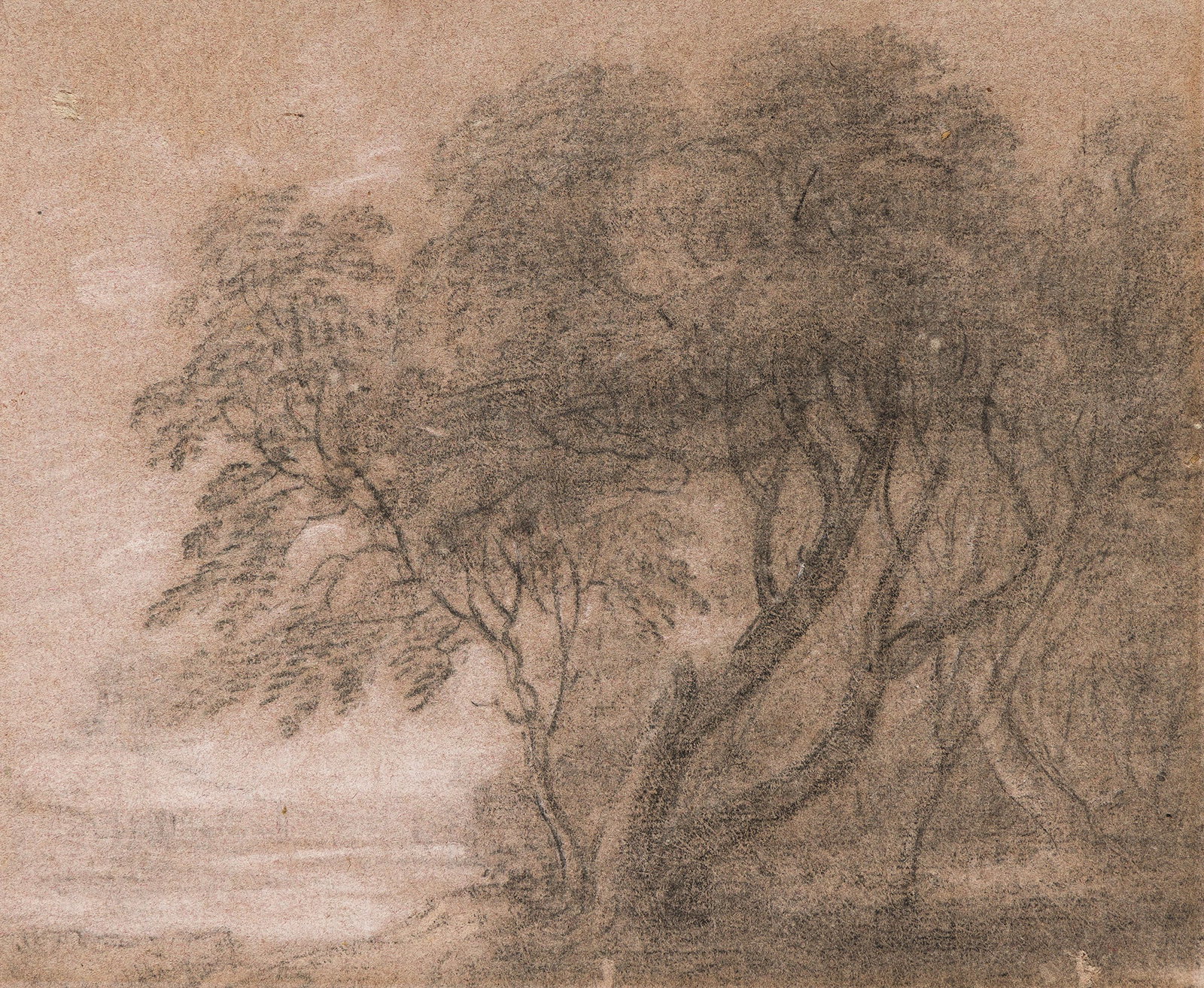 Richard Wilson (Attributed), Landscape with a Grove of Trees beside a Lake.: Richard Wilson (Attributed) (1714-1782) Landscape with a Grove of Trees beside a Lake. Black chalk heightened with white on violet-tan laid paper mounted on thin card stock. 7 3/4 x 9 1/2 in. (19.7 x 