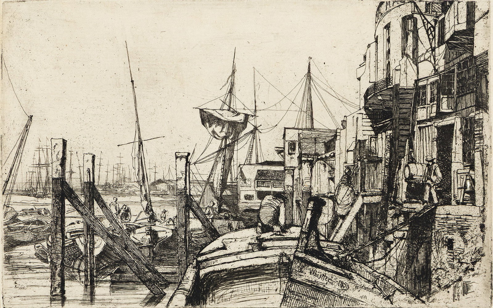 James Abbott McNeill Whistler (1834-1903), Limehouse, 1859.: James Abbott McNeill Whistler (1834-1903) Limehouse. Etching on cream laid paper, 1859. MacDonald's sixth state (of 6). Halines watermark. Kennedy 40; Glasgow 48. Plate: 5 x 7 7/8 in. (12.5 x 20.1 cm.