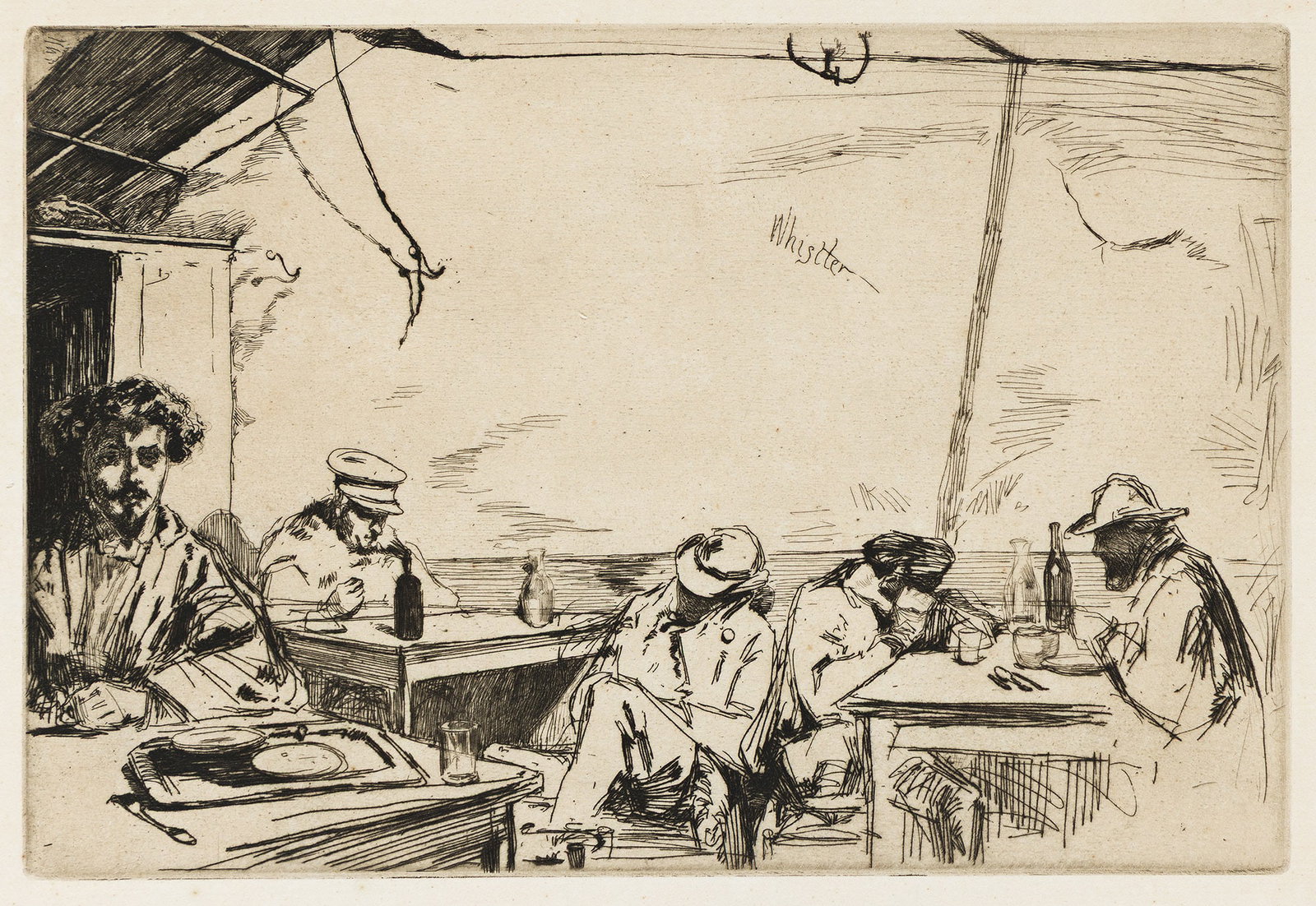 James Abbott McNeill Whistler (1834-1903), Soupe à Trois Sous, 1859: James Abbott McNeill Whistler (1834-1903) Soupe à Trois Sous. Etching and drypoint on cream laid paper, 1859. Kennedy 49; Glasgow 64. Plate: 6 x 8 7/8 in. (15.2 x 22.5 cm.), wide margins. Frame