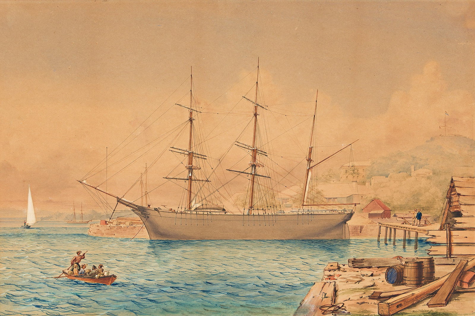 Edward James (1820-1877), Barque Mary Baker, Capt. Gustavus A. Lane at Bermuda, May 20, 1869.: Edward James (1820-1877) Barque Mary Baker, Capt. Gustavus A. Lane at Bermuda, May 20, 1869. Watercolor with gouache heightening on wove paper, 1869. Signed and dated in ink, lower right. 11 5/8 x 17 