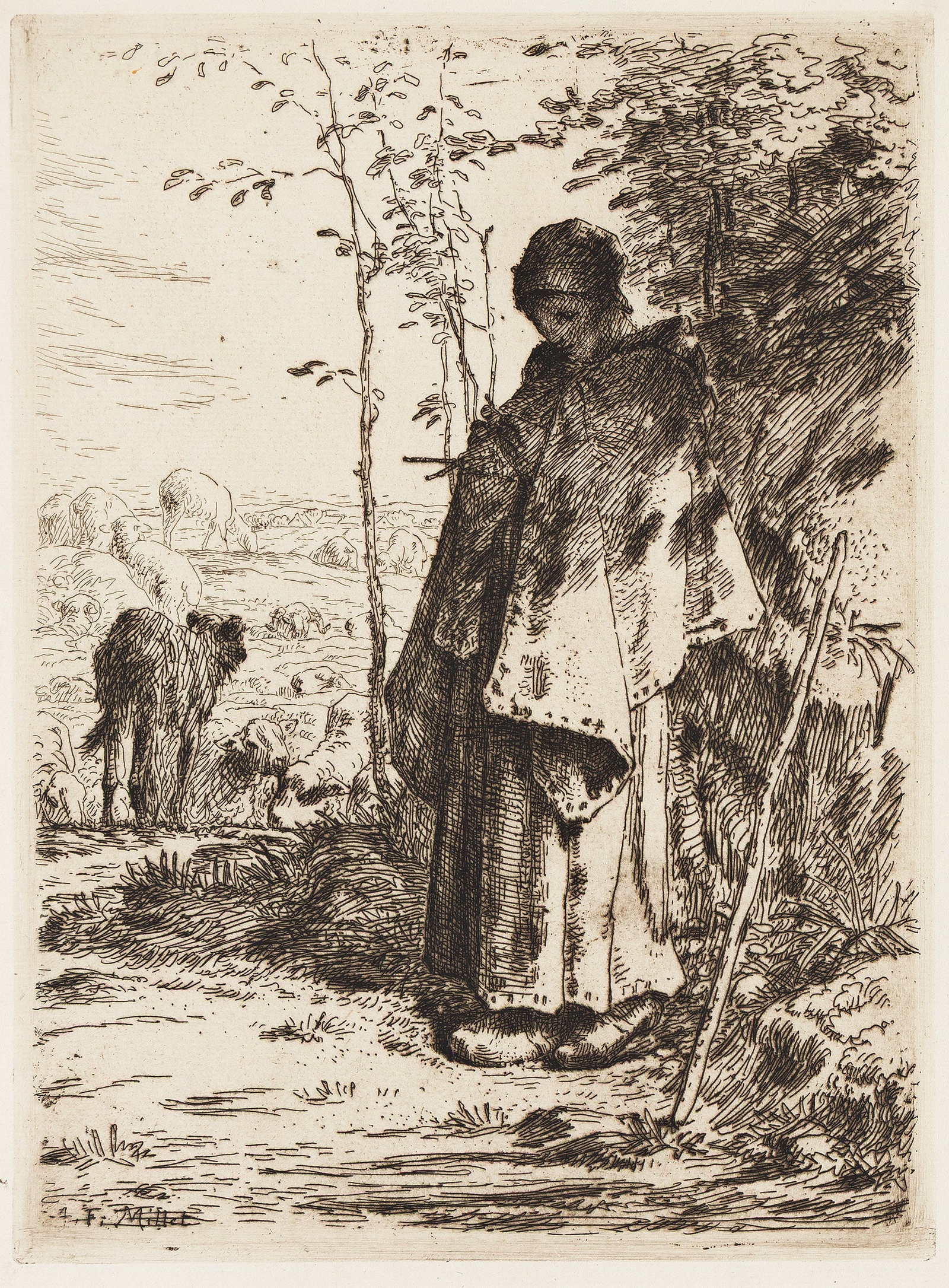 Jean-François Millet (1814-1875), La Grande Bergère, 1862.: Jean-François Millet (1814-1875) La Grande Bergère. Etching printed in dark brownish-black on cream laid Japan paper, 1862. Printed by Delâtre, Paris. Published by Cadart, Paris. Deltei