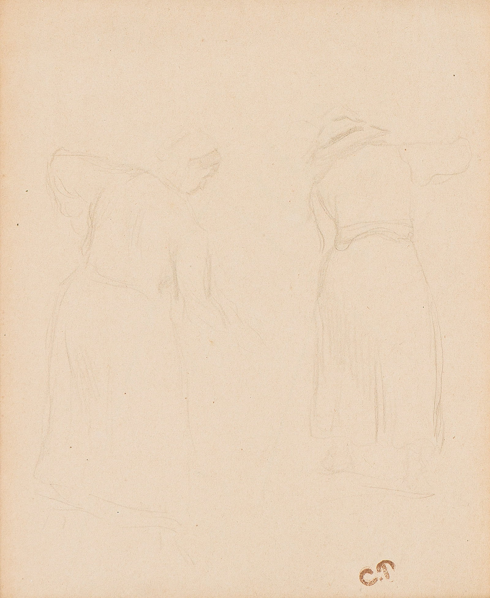 Camille Pissarro (1830-1903), Paysannes.: Camille Pissarro (1830-1903) Paysannes. Pencil on wove paper. With the artist's ink stamp, lower right (Lugt 613c). 7 3/4 x 5 7/8 in. (19.7 x 15 cm.) Frame: 15 1/2 x 13 1/4 in. (39.4 x 33.7 c