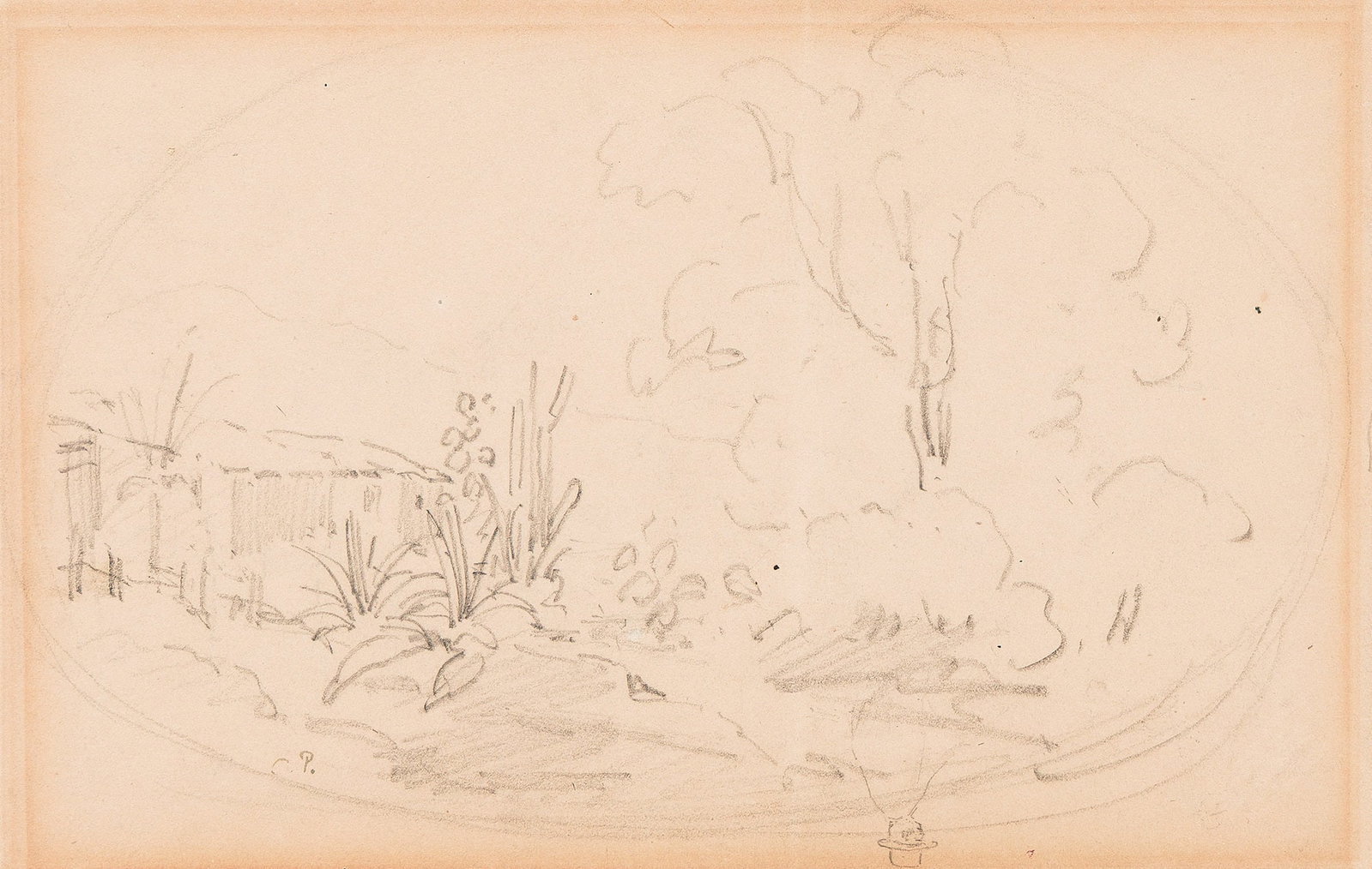 Camille Pissarro (1830-1903), Paysage tropical.: Camille Pissarro (1830-1903) Paysage tropical. Pencil on cream wove paper. With the artist's ink stamp, lower left (Lugt 613e). 7 1/2 x 11 7/8 in. (19 x 30 cm.) Frame: 15 1/4 x 19 in. (38.7 x 48.3 c