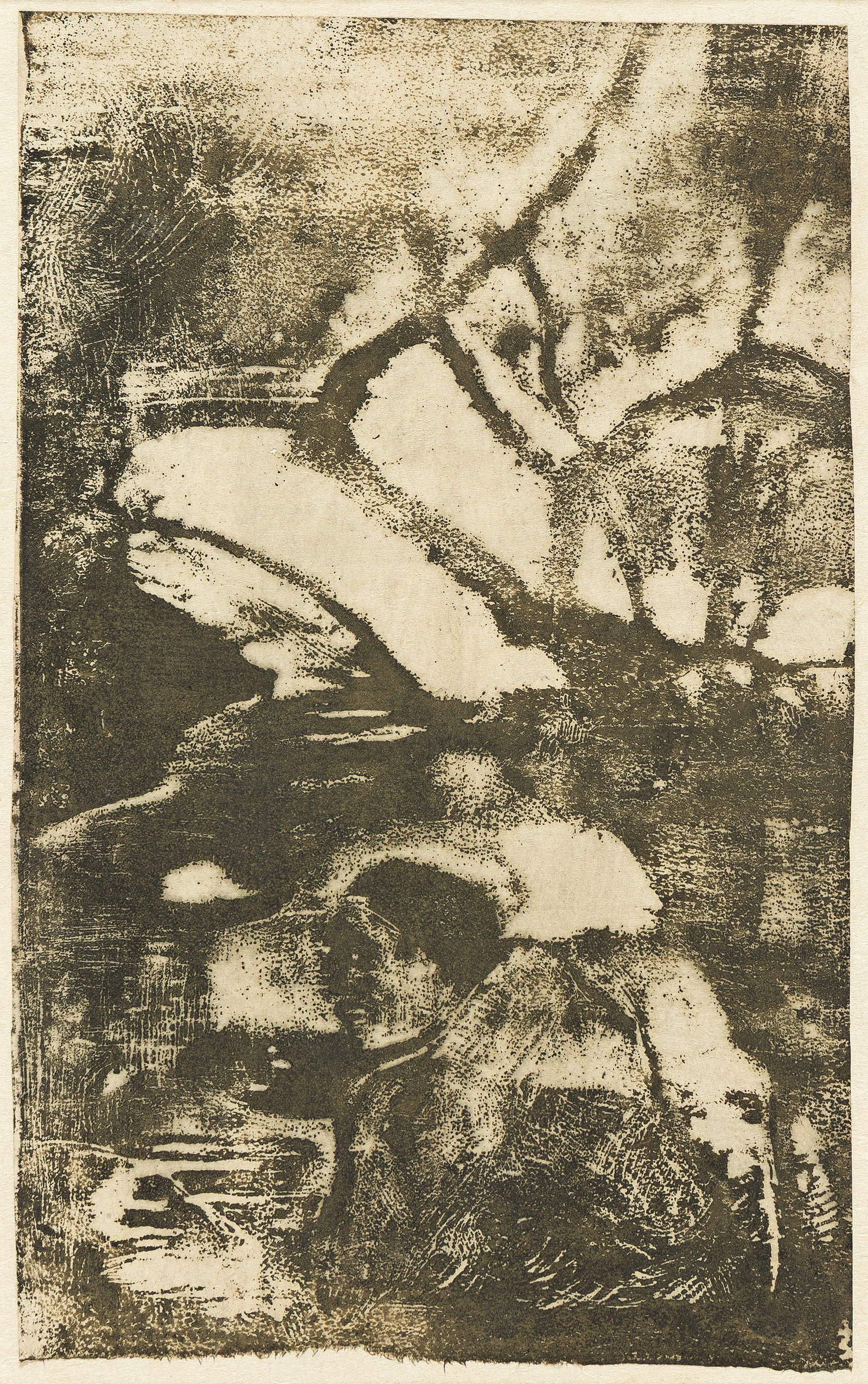 Paul Gauguin (1848-1903), Femme Maorie dans un Paysage de Branches d'Arbres, 1894-95.: Paul Gauguin (1848-1903) Femme Maorie dans un Paysage de Branches d'Arbres. Woodcut printed in dark brownish green ink on Japan paper, 1894-95. One of few known impressions, printed by Daniel de Monfr