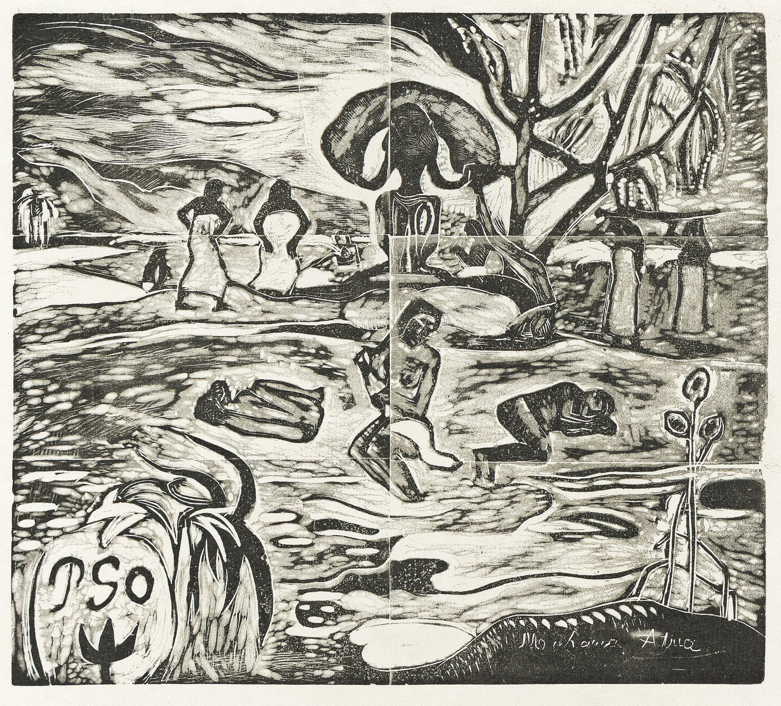Paul Gauguin, (1848-1903) Mahana Atua (Le Jour de Dieu), 1894-95.: Paul Gauguin (1848-1903) Mahana Atua (Le Jour de Dieu). Woodcut on thin Japan paper, 1894-95. Proof, aside from the edition of 100 printed and published by Pola Gauguin. Kornfeld 31. Image: 7 1/8 x 8 
