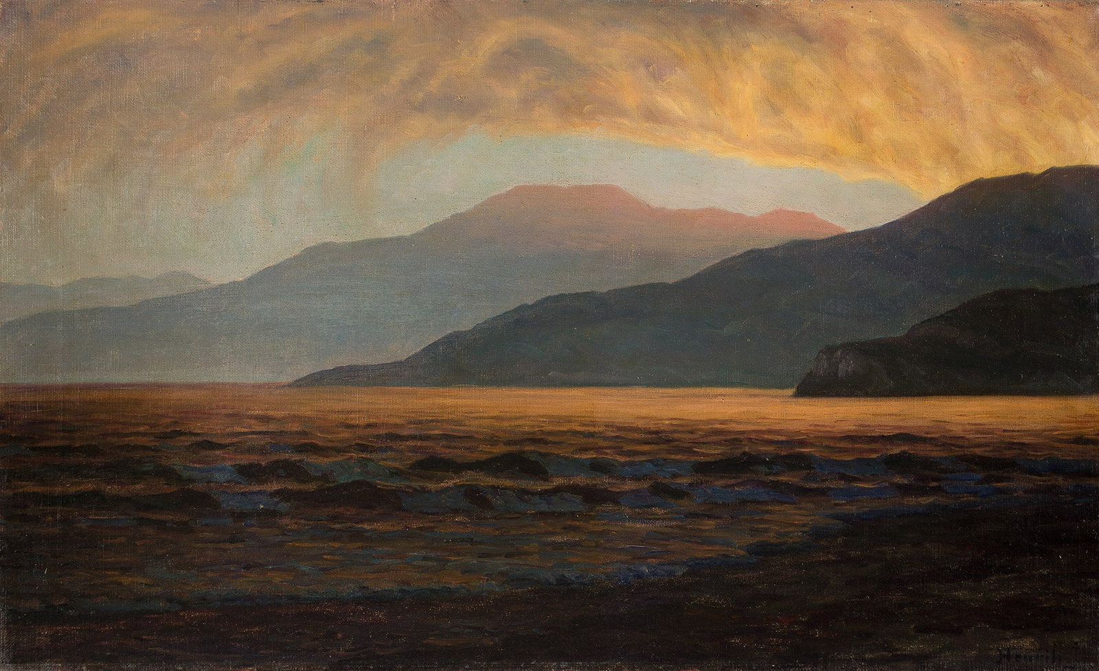 Henrik G. Jespersen (1853-1936), Sunrise, Italian Riviera, 1914.: Henrik G. Jespersen (1853-1936) Sunrise, Italian Riviera. Oil on canvas, 1914. Signed lower right. 18 3/8 x 30 1/4 in. (46.7 x 76.8 cm.) Frame: 25 1/2 x 37 in. (64.8 x 94 cm.) Provenance: