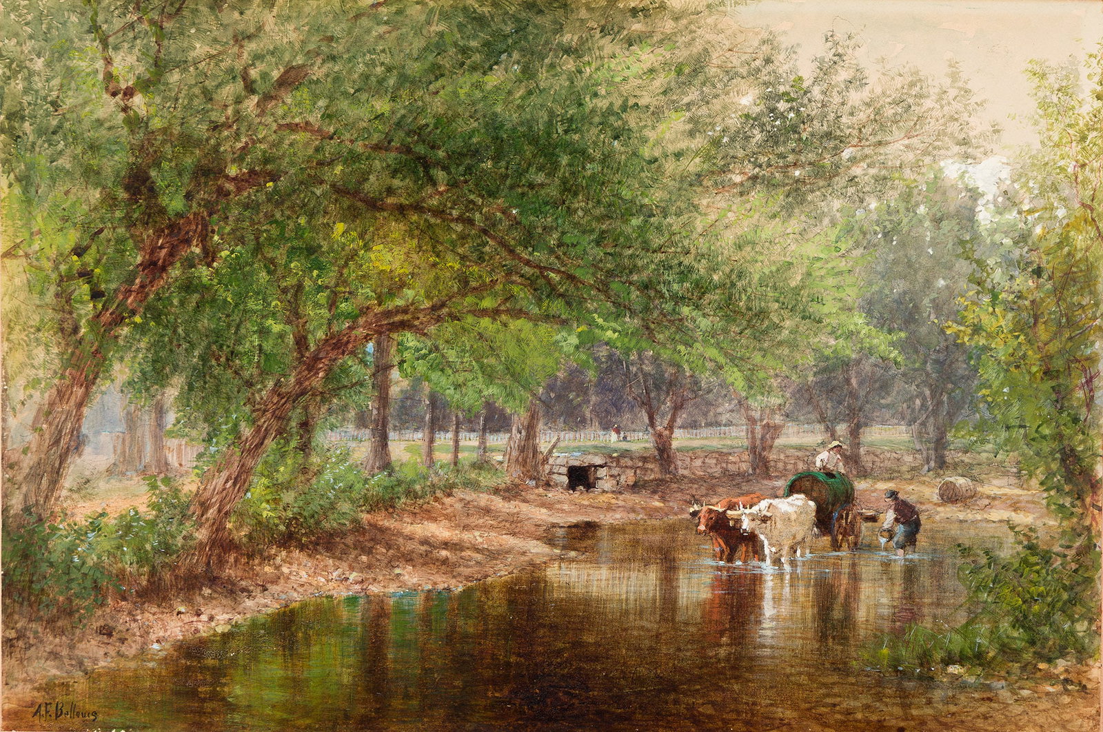 Albert Fitch Bellows (1829-1883), New England Country Scene.: Albert Fitch Bellows (1829-1883) New England Country Scene. Watercolor on paper. Signed lower left. 9 1/8 x 13 5/8 in. (23.2 x 34.7 cm.) Frame: 14 3/4 x 8 3/4 in. (37.5 x 22.2 cm.) Provenance