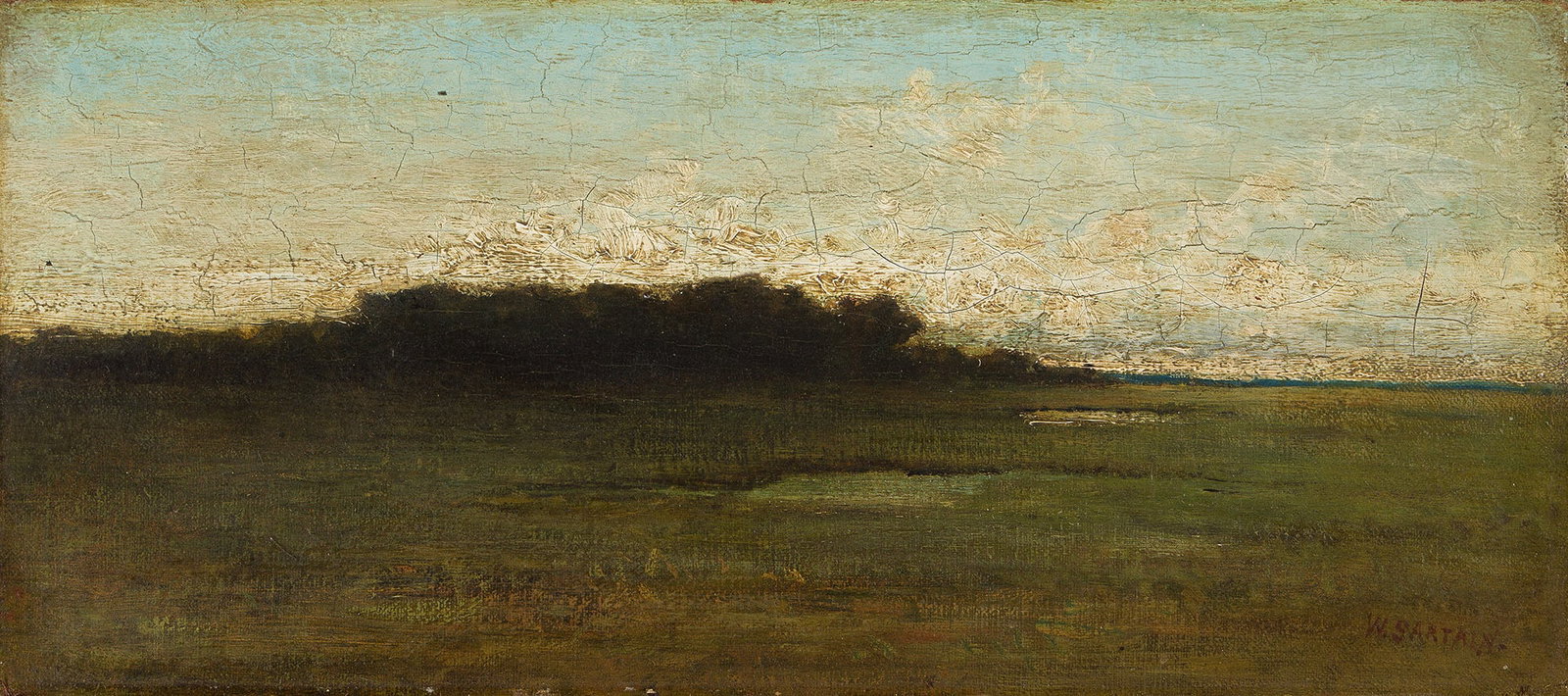 William Sartain (1843-1924), The Marsh at Nonquitt, Massachusetts, circa 1886.: William Sartain (1843-1924) The Marsh at Nonquitt, Massachusetts. Oil on canvas, circa 1886. Signed lower right. Titled ink on the stretcher, verso. 8 3/4 x 19 in. (22.2 x 48.3 cm.) Frame: 16 1/4 x