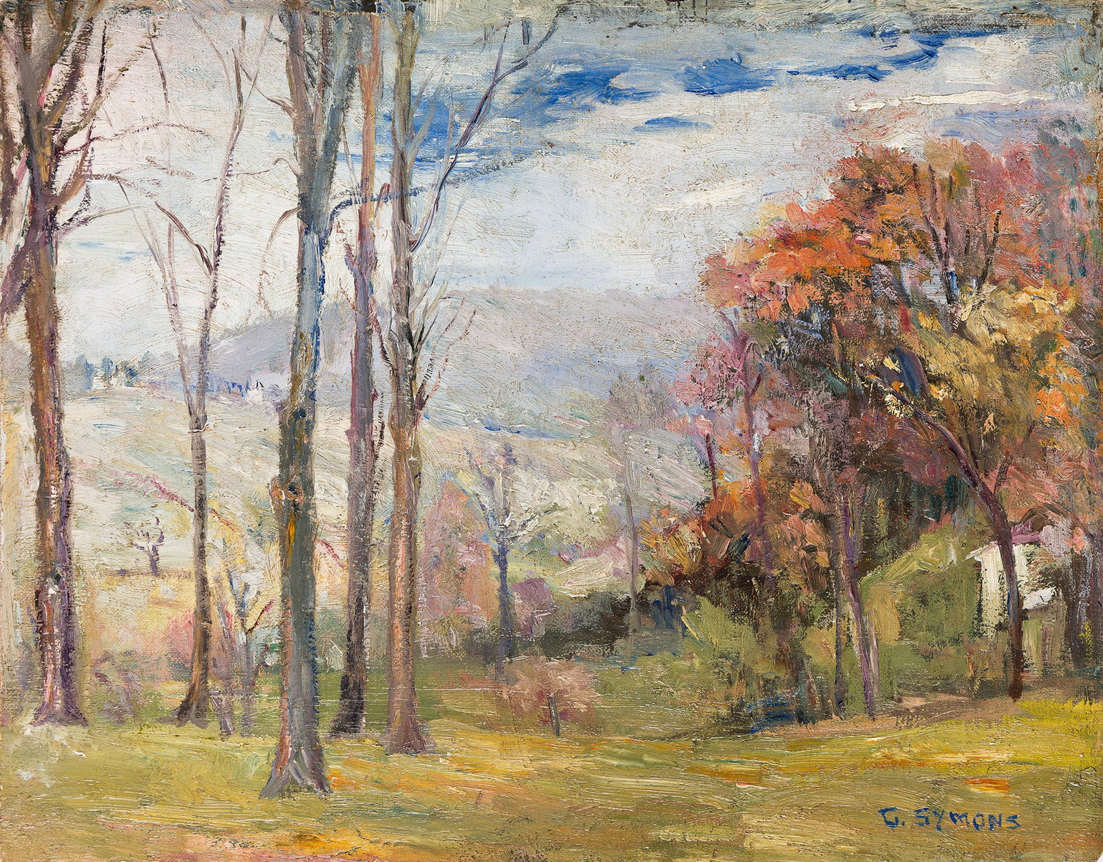 George Gardner Symons (1861-1930), Fall Landscape.: George Gardner Symons (1861-1930) Fall Landscape. Oil on canvas board. Signed lower right. 11 x 13 3/4 in. (27.9 x 34.9 cm.) Frame: 14 x 17 in. (35.6 x 43.2 cm.) Provenance: Clars Auct
