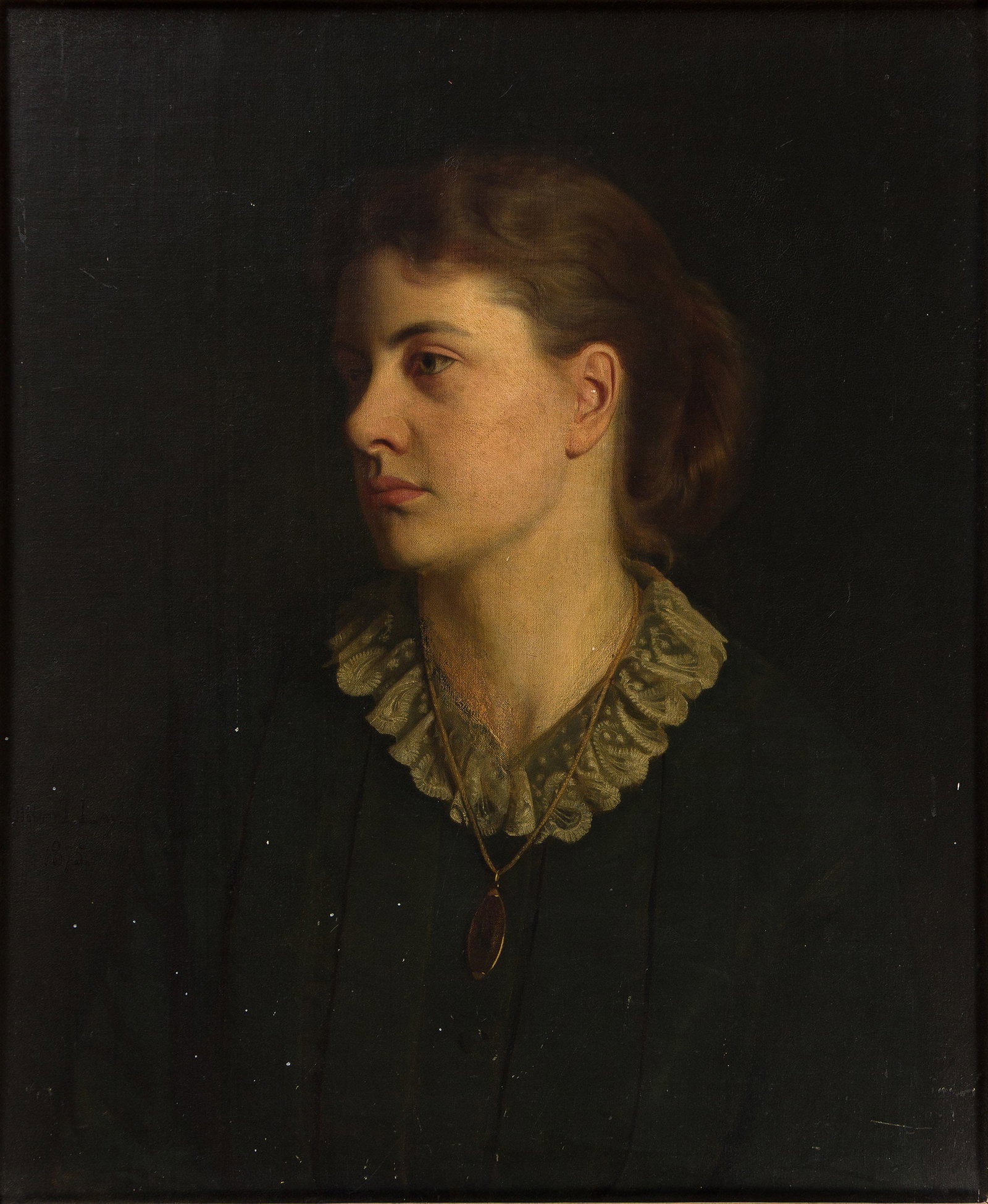 Oliver Ingraham Lay (1845-1890), Portrait of Maria Oakey Dewing, 1875.: Oliver Ingraham Lay (1845-1890) Portrait of Maria Oakey Dewing. Oil on canvas mounted to panel, 1875. Signed and dated center left. 24 1/4 x 20 in. (61.6 x 50.8 cm.) Frame: 27 x 23 in. (68.6 x 58.4
