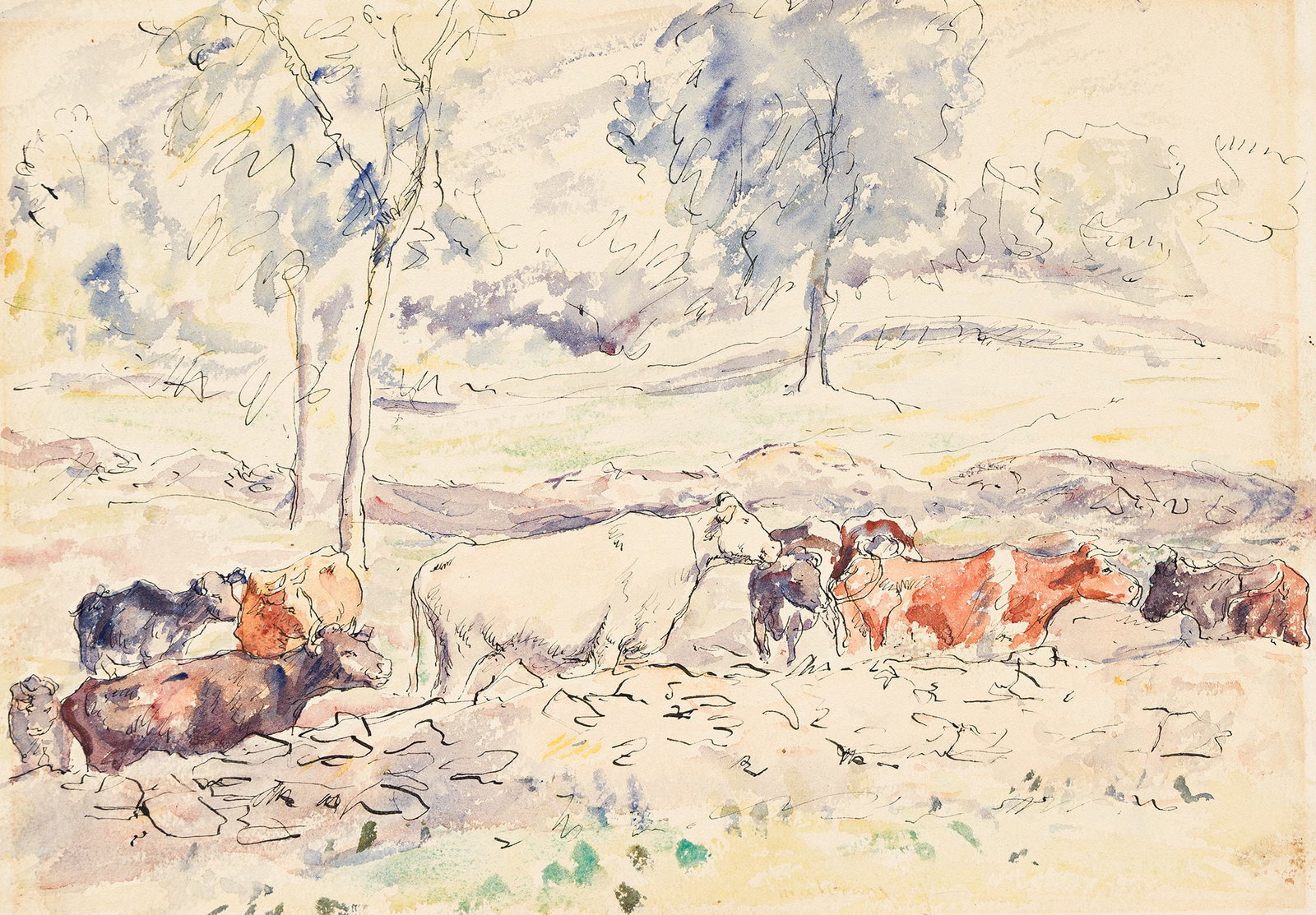 Mahonri Mackintosh Young (1877-1957), Untitled (Cows in a Landscape), circa 1920.: Mahonri Mackintosh Young (1877-1957) Untitled (Cows in a Landscape). Watercolor and ink on wove paper, circa 1920. 10 x 14 in. (25.5 x 35.6 cm.) Provenance: Gifted to Charles Downing Lay (1877-1