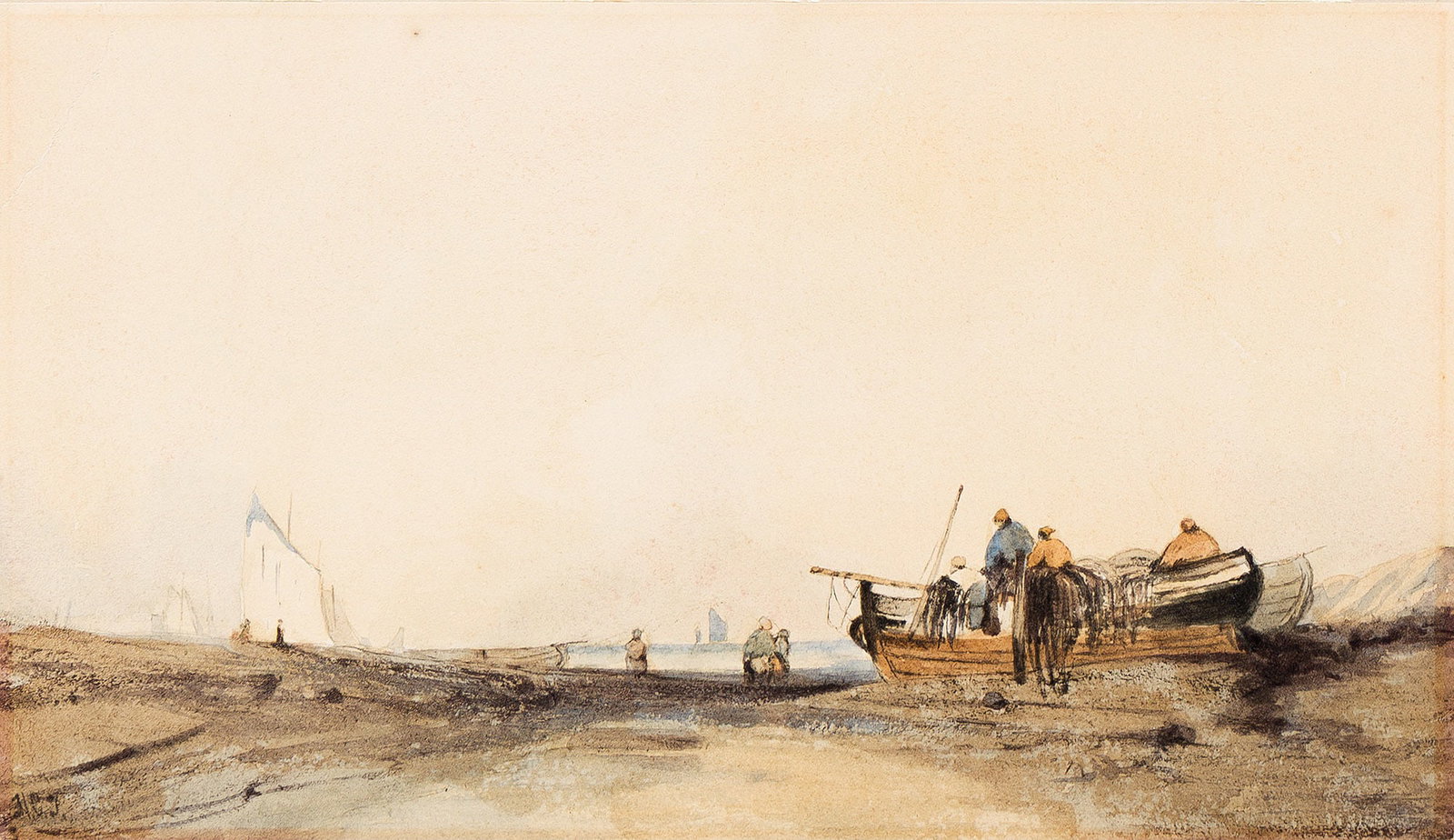 Louis Comfort Tiffany (1848-1933), Study for "Pushing Off the Boat".: Louis Comfort Tiffany (1848-1933) Study for Pushing Off the Boat. Watercolor on paper. 5 1/4 x 9 in. (13.3 x 22.9 cm.) Frame: 9 7/8 x 13 3/8 in. (25.1 x 34 cm.) Provenance: Private collection