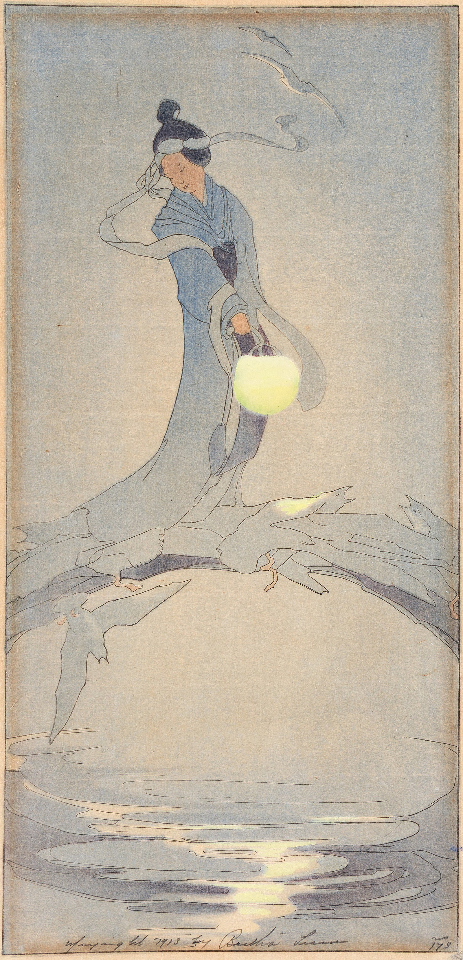 Bertha Lum (1869-1954), Tanabata, 1913.: Bertha Lum (1869-1954) Tanabata. Color woodcut on tissue-thin Japan paper, 1913. Signed, dated, and inscribed "copyright" and "No. 173" in pencil, lower margin. Gravalos & Pulin 36. Image: 14 7/8 