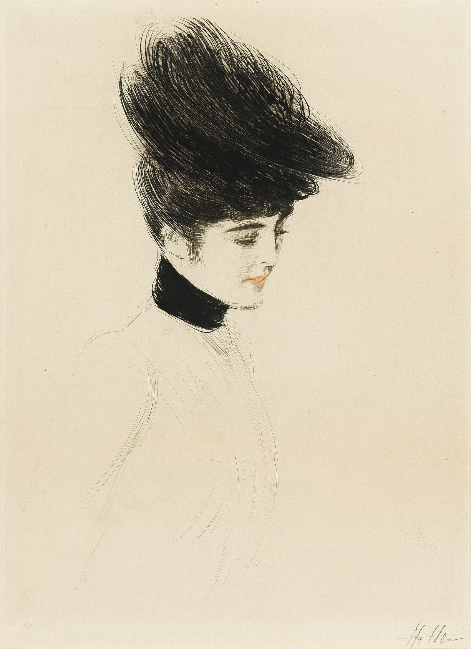 Paul César Helleu (1859-1927), Le Col de velours, circa 1910.: Paul César Helleu (1859-1927) Le Col de velours. Color drypoint, circa 1910. Signed in pencil, lower right. Montesquiou XLIV. Plate: 15 3/8 x 11 5/8 in. (39.1 x 29.5 cm.), wide margins.