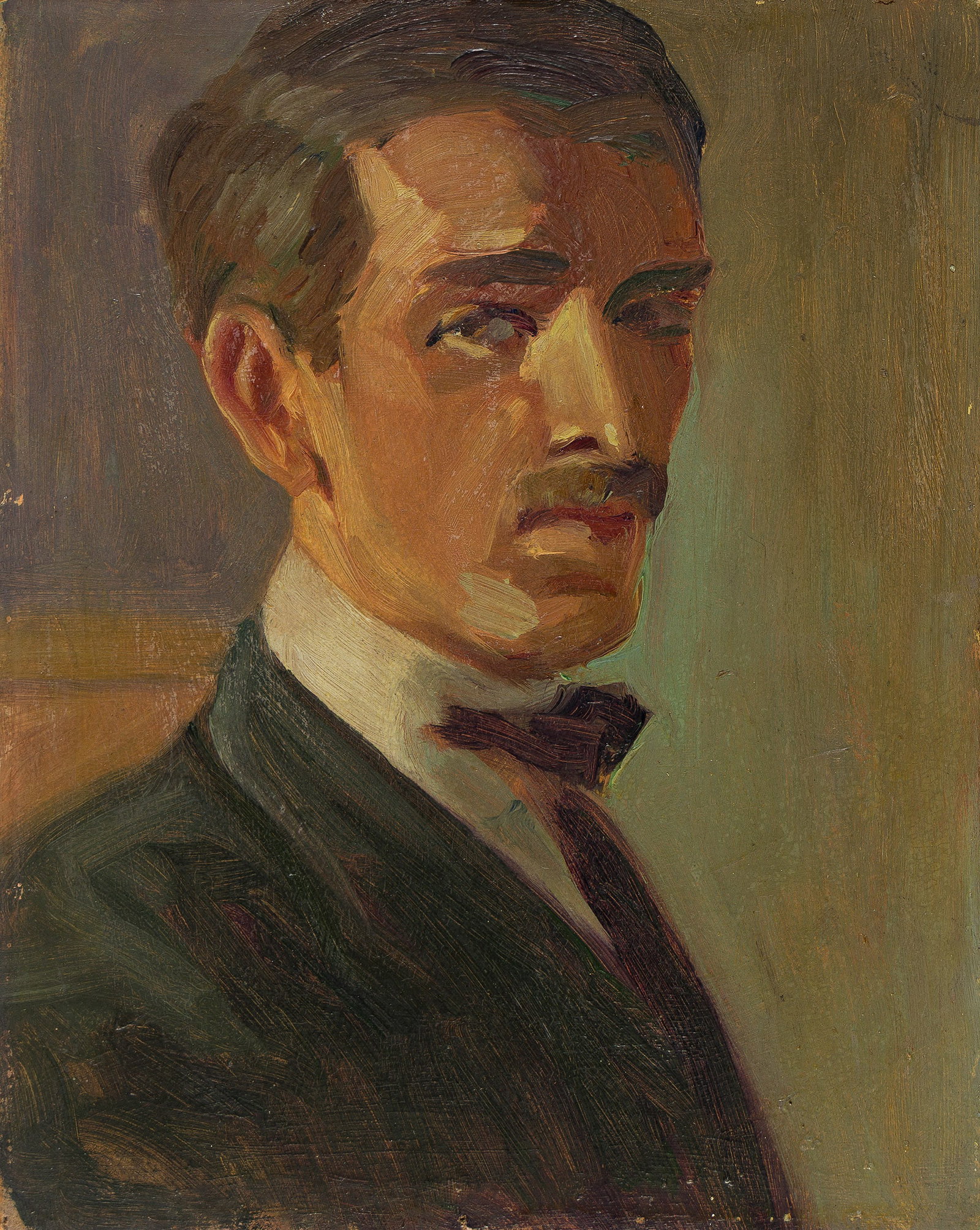 Whitney Hubbard (1875-1965), Two oil paintings.: Whitney Hubbard (1875-1965) Two oil paintings. i) Self Portrait. Oil on card (chocolate box top), circa 1900. 10 x 8 in. (25.5 x 20.1 cm.) Frame: 12 1/2 x 10 1/2 in. (29.2 x 33.5 cm.) ii) Landscape wi