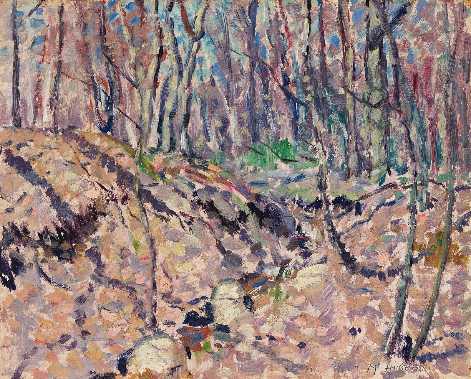 Whitney Hubbard (1875-1965), Two landscape paintings.: Whitney Hubbard (1875-1965) Two landscape paintings. i) Dappled Forest Landscape. Oil on board, 1921. Signed in pencil, lower right. Dated "April 5, 1921 AM" in pencil, verso. 8 1/8 x 10 in. (20.5 x 2