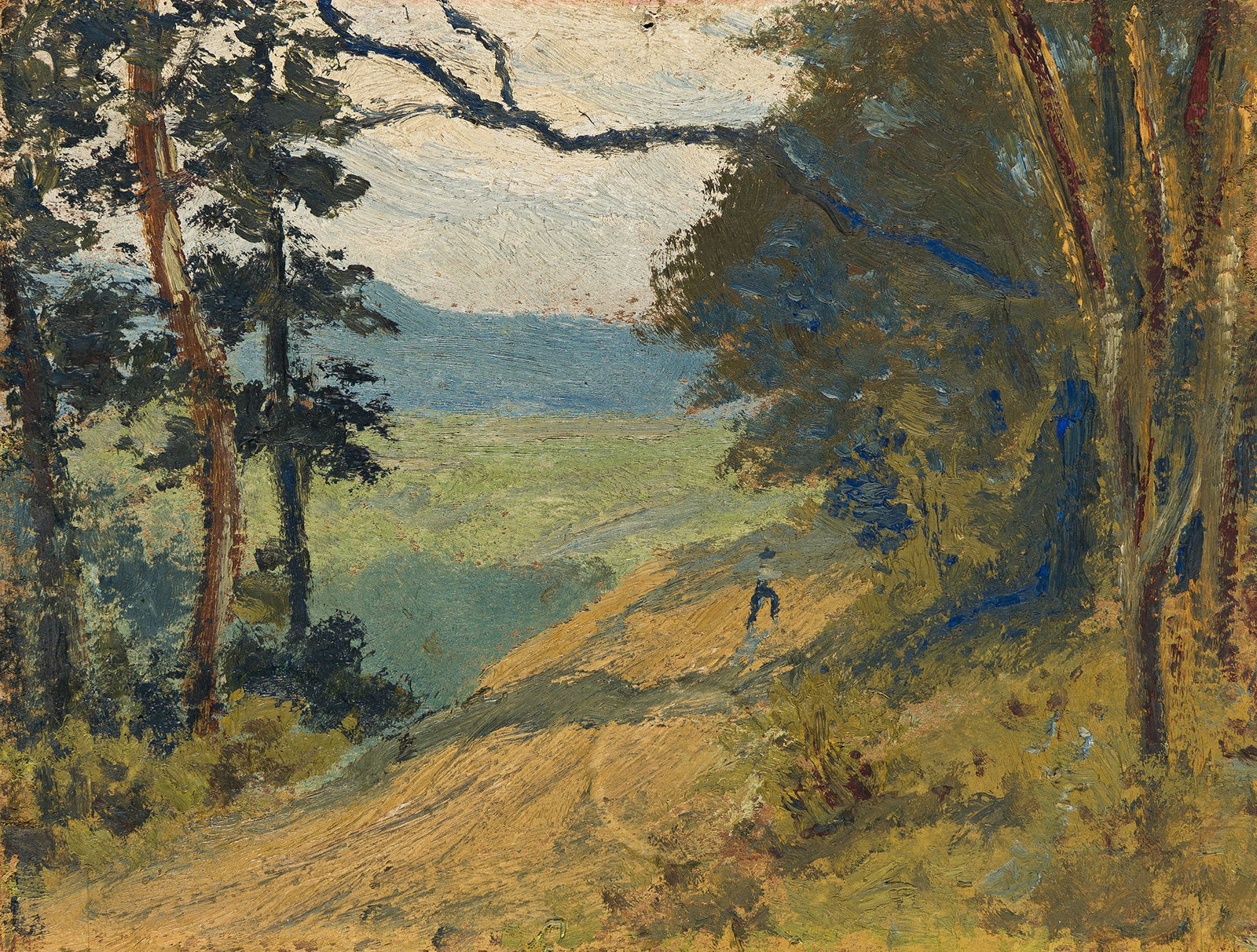 Louis Eilshemius (1864-1941), Wooded Path.: Louis Eilshemius (1864-1941) Wooded Path. Oil on card. 6 x 8 in. (15.2 x 20 cm.) Frame: 11 1/4 x 13 1/4 in. (28.6 x 33.7 cm.) Provenance: Babcock Gallery, New York, 1944-45. Collection