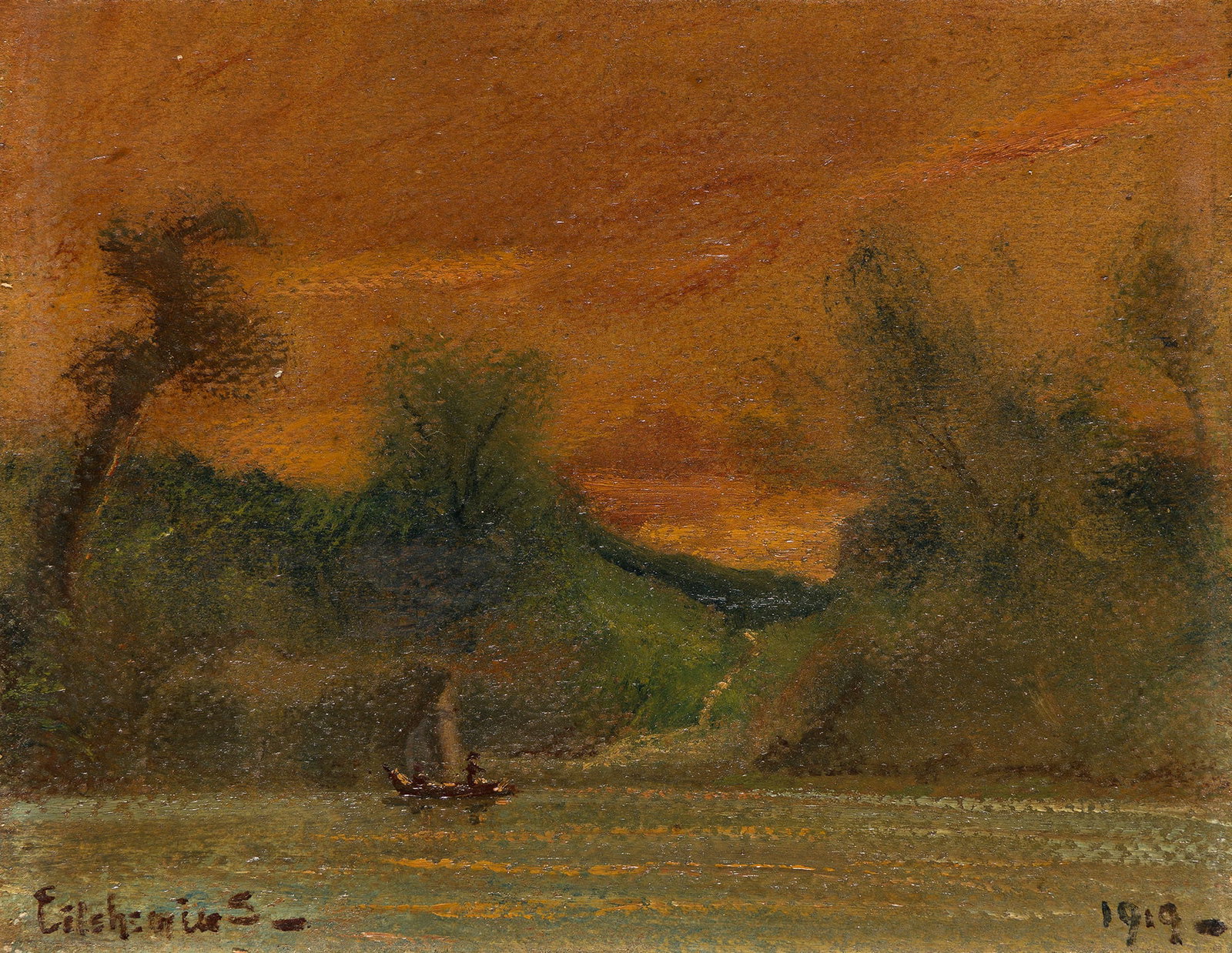 Louis Eilshemius (1864-1941), Sailing at Sunset, 1919.: Louis Eilshemius (1864-1941) Sailing at Sunset. Oil on card, 1919. Signed lower left, and dated lower right. 8 x 10 1/8 in. (20.3 x 25.7 cm.) Frame: 13 3/4 x 15 3/4 in. (34.9 x 40 cm.) Proven