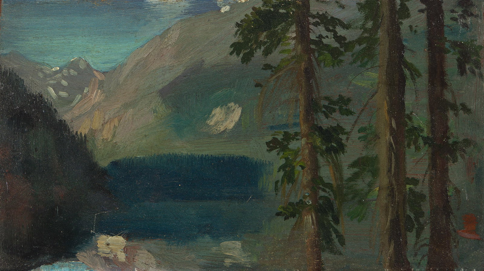 Arthur Bowen Davies (1862-1928), Emerald Lake, Colorado.: Arthur Bowen Davies (1862-1928) Emerald Lake, Colorado. Oil on panel. Titled in ink, verso, and inscribed "CONN. CONT" in chalk, and with the number "16" in pencil, verso. 5 1/2 x 9 1/2 in. (14 x 24 c