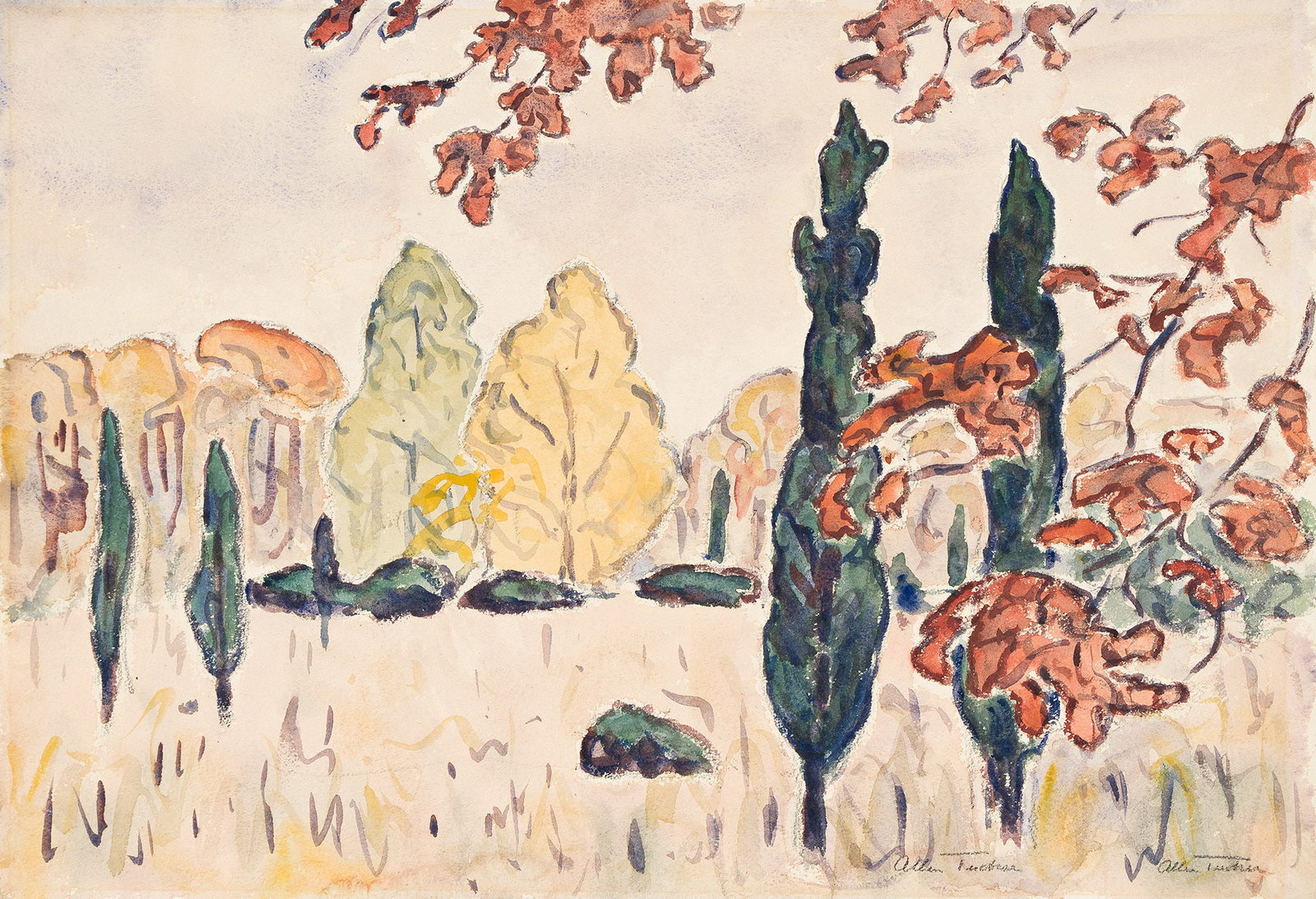 Allen Tucker (1866-1939), Landscape with Cedars, circa 1920.: Allen Tucker (1866-1939) Landscape with Cedars. Watercolor on wove paper, circa 1920. Signed twice in pencil, lower right. 15 x 21 3/4 in. (38 x 55.5 cm.) Provenance: Gifted to Charles Do