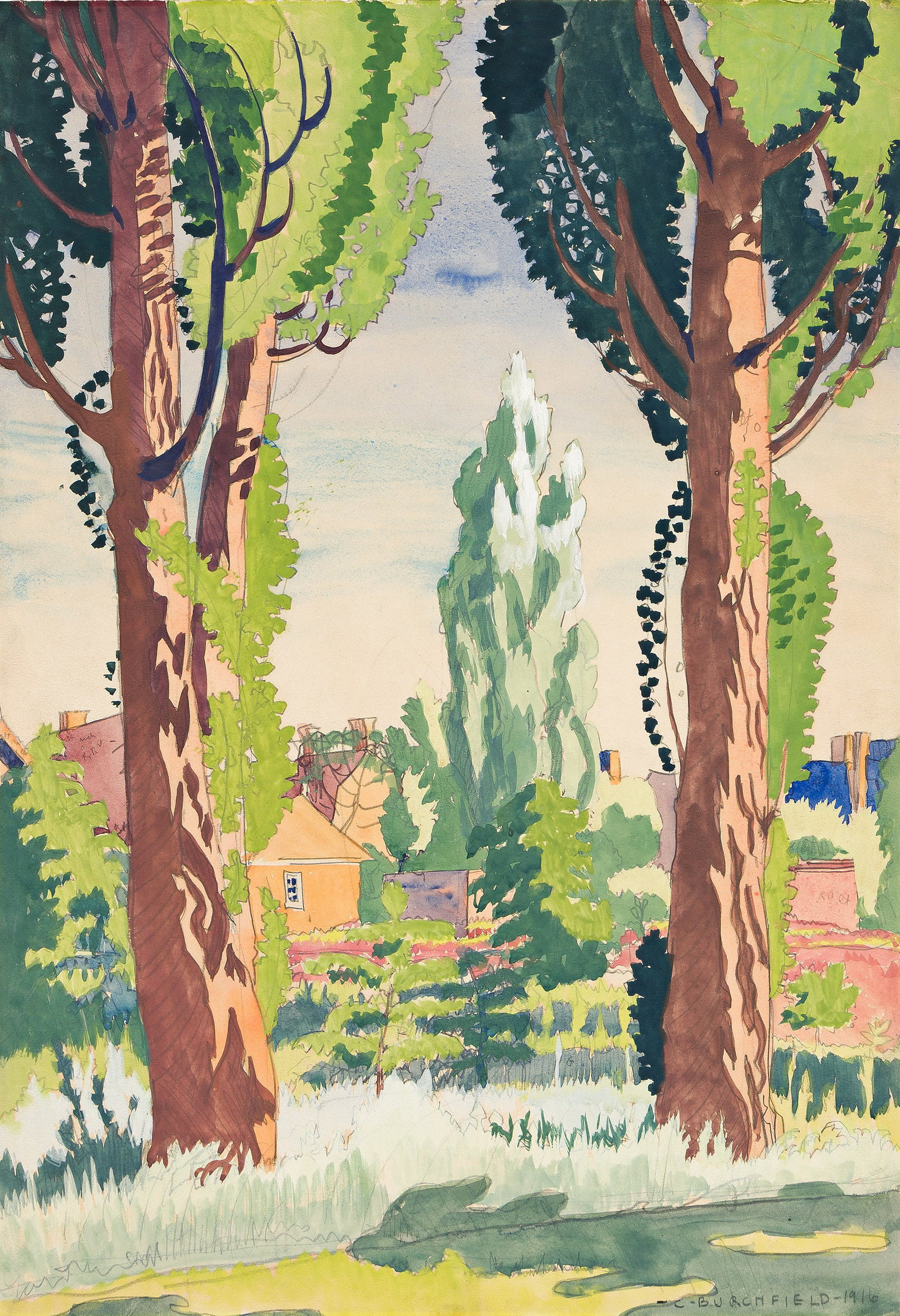 Charles Burchfield (1893-1967), Poplars in May, 1916.: Charles Burchfield (1893-1967) Poplars in May (Between Two Poplars). Gouache, watercolor and pencil on cream wove paper, 1916. Signed and dated in pencil, lower right. Dated, titled, and inscribed in 