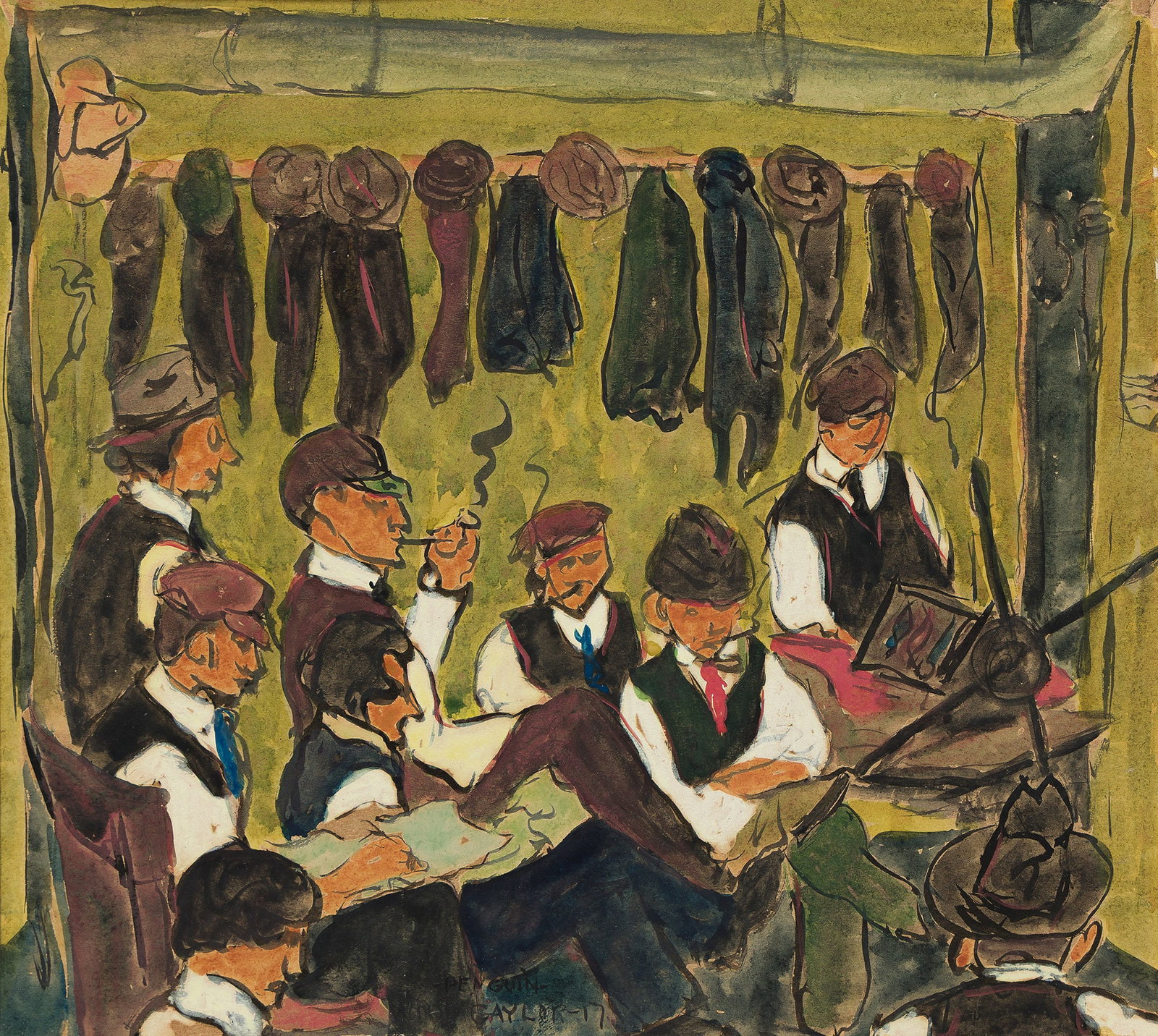 Wood Gaylor (1884–1957), Penguin Club, 1917.: Wood Gaylor (1884–1957) Penguin Club. Watercolor and ink on wove paper, 1917. Signed, titled and dated in ink, lower center. 13 x 14 1/4 in. (33 x 36.2 cm.) Frame: 24 x 25 in. (61 x 63.5 cm.)<