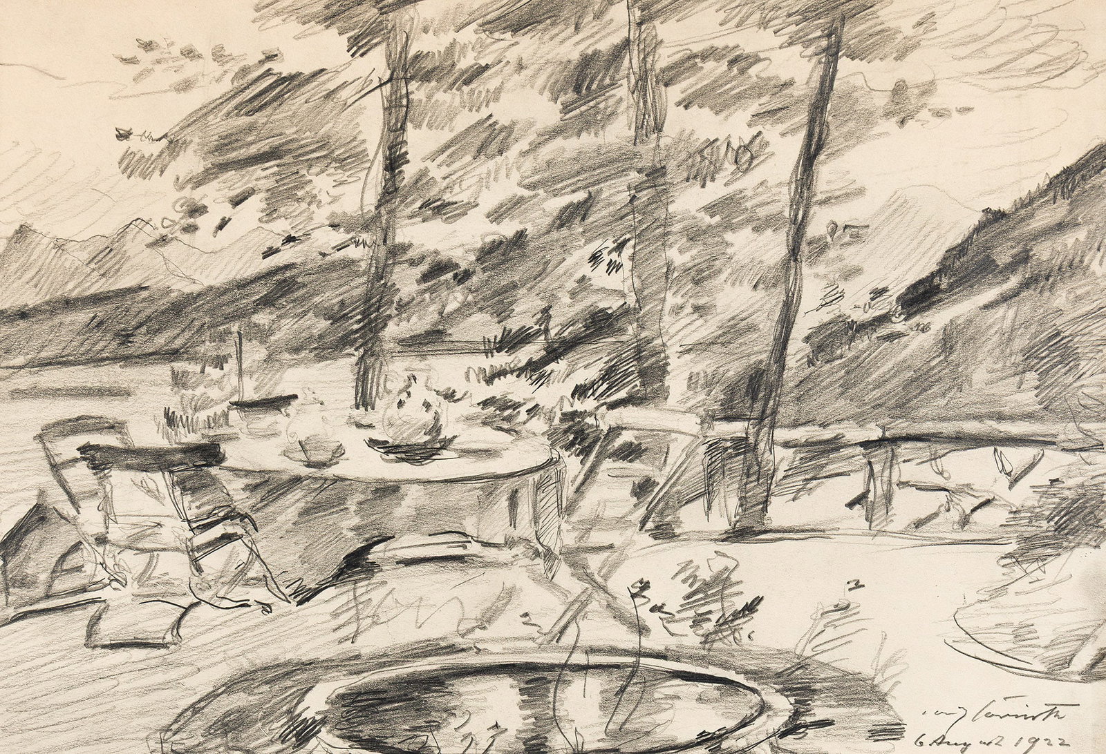 Lovis Corinth (1858-1925), Terrasse, Walchensee, 1922.: Lovis Corinth (1858-1925) Terrasse, Walchensee. Pencil on wove paper, 1922. Signed and dated lower right. 14 3/8 x 20 1/8 in. (36.5 x 51.1 cm.) Frame: 19 1/2 x 25 1/2 in. (49.5 x 64.8 cm.) Pr