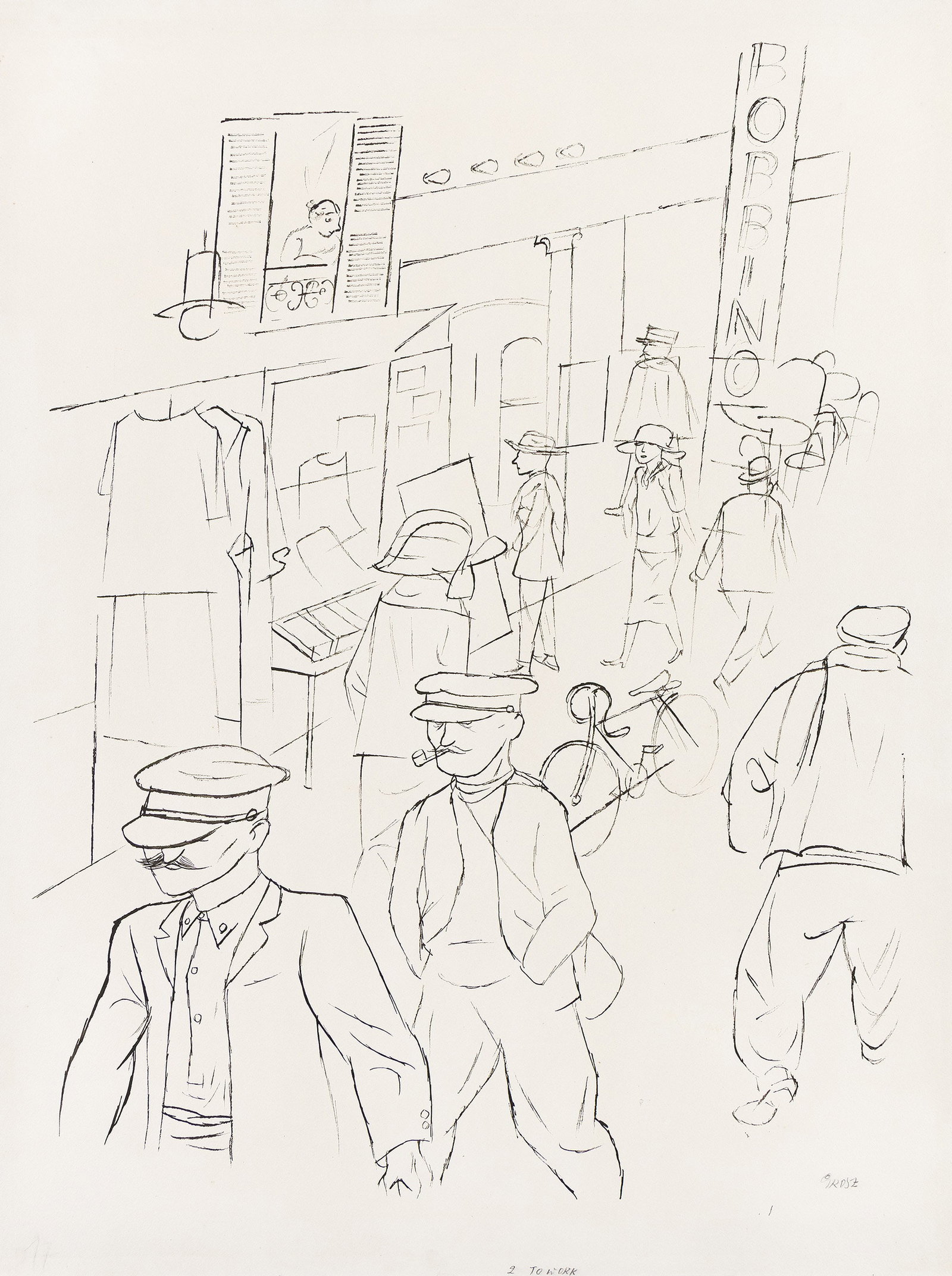 George Grosz (1893-1959), Zur Arbeit, Paris, 1925.: George Grosz (1893-1959) Zur Arbeit, Paris Reed pen and ink on cream wove paper, 1925. Signed in pencil, lower right. Inscribed "2 Lazuk" and "19 Arbeiter" in pencil, verso. 25 1/4 x 19 1/4 in. (64.4 