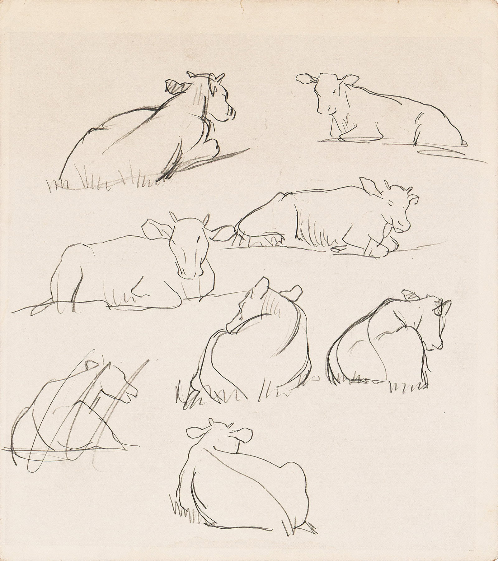 Dora Carrington (1893-1932), Study of Cows, circa 1912.: Dora Carrington (1893-1932) Study of Cows. Pencil on paper (double-sided), circa 1912. 10 3/4 x 9 1/2 in. (27.3 x 24.1 cm.) Frame: 16 x 14 7/8 in. (40.6 x 37.8 cm.) Provenance: The Bloomsbury