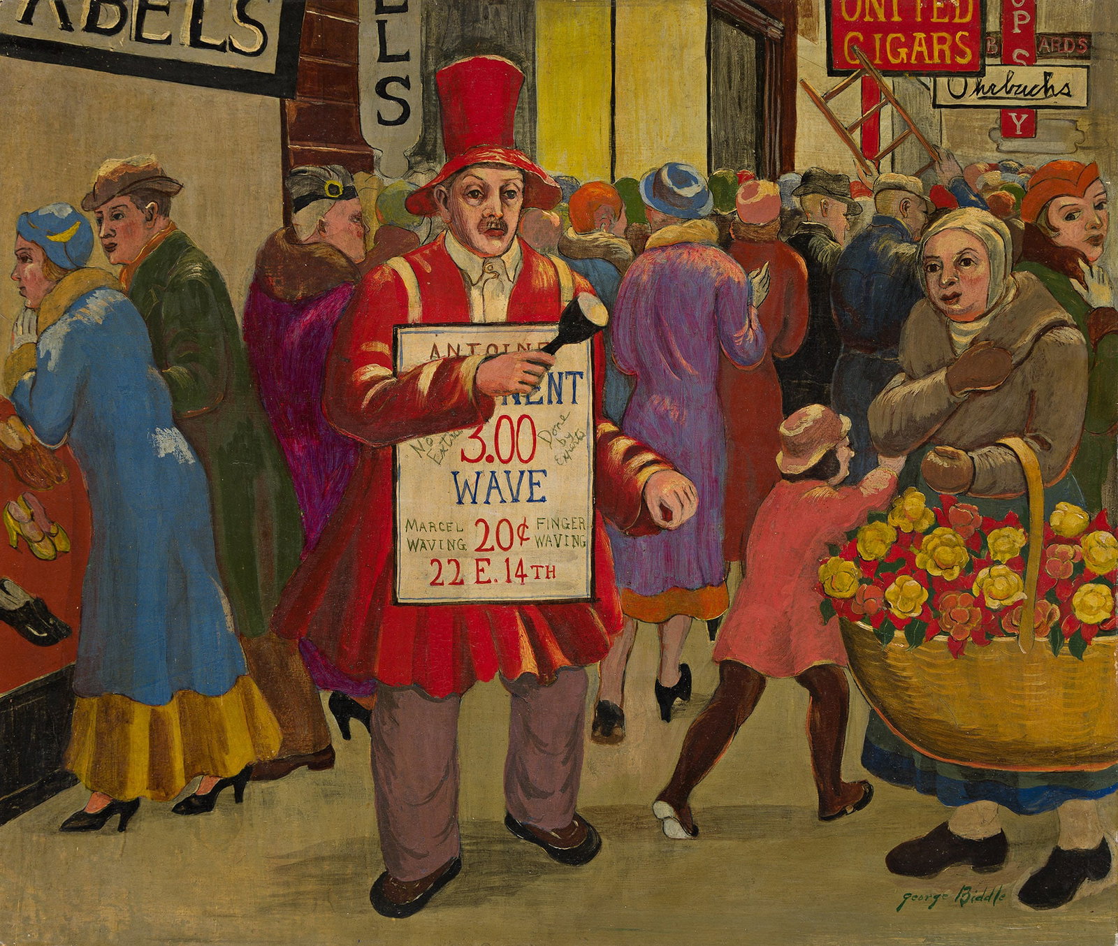 George Biddle (1885-1973), Union Square, circa 1930.: George Biddle (1885-1973) Union Square. Oil on masonite, circa 1930. Signed lower right. 23 x 27 in. (58.5 x 68.5 cm.) Frame: 31 1/4 x 35 1/2 in. (79.4 x 90.2 cm.) Provenance: Private