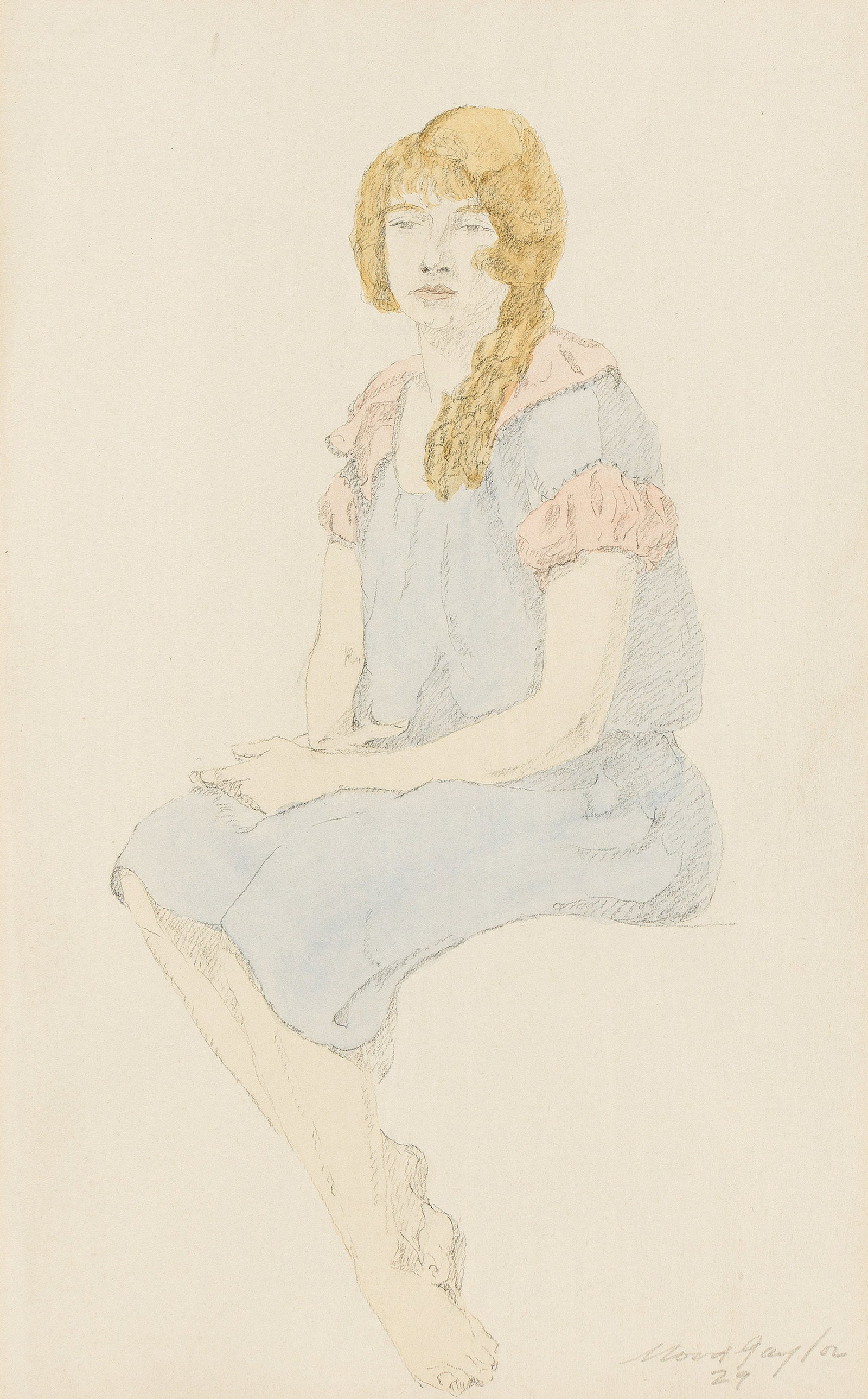 Wood Gaylor (1884-1957), Seated Girl in a Blue Dress, 1929.: Wood Gaylor (1884-1957) Seated Girl in a Blue Dress. Watercolor and pencil on cream wove paper, 1929. Signed and dated in pencil, lower right. 14 x 10 in. (35.5 x 25.3 cm.) Frame: 17 3/4 x 13 in. (4