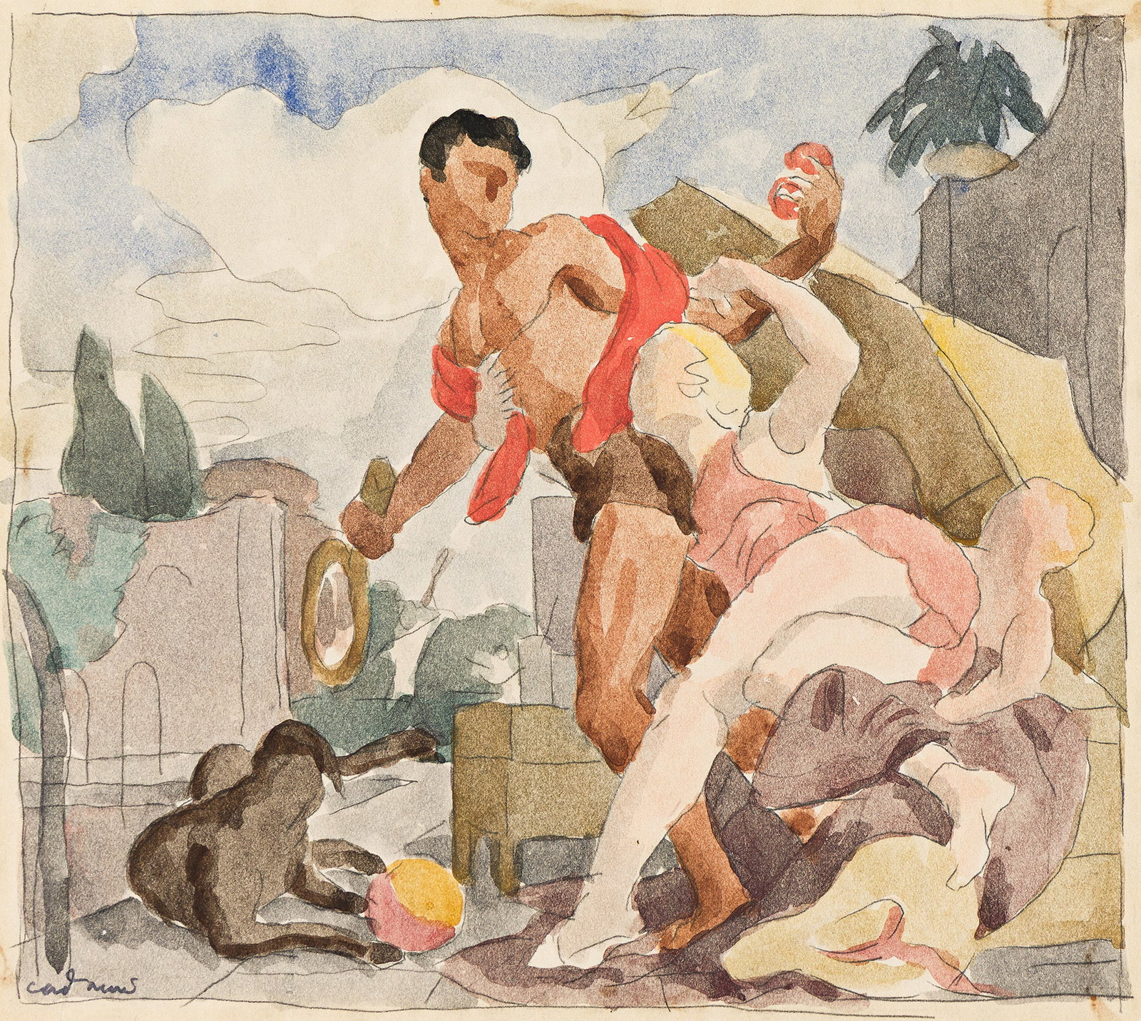 Paul Cadmus (1904-1999), Sketch for "Venus and Adonis," circa 1936.: Paul Cadmus (1904-1999) Sketch for Venus and Adonis. Watercolor and pencil on paper, circa 1936. Signed in ink, lower left. 8 1/4 x 9 in. (21 x 22.9 cm.) Frame: 14 3/8 x 13 3/8 in. (36.5 x 34 cm.)