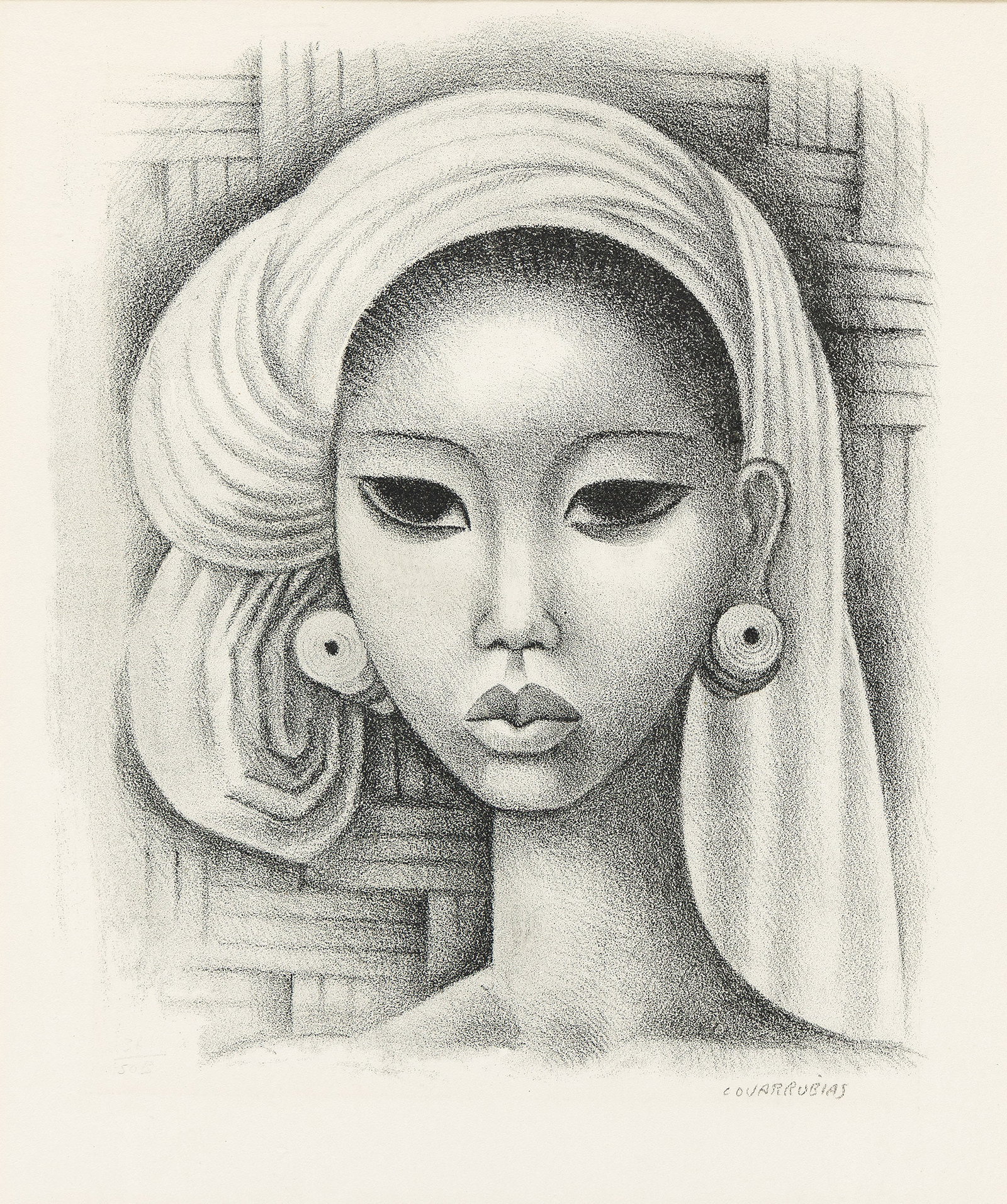 Miguel Covarrubias (1904-1957), Head of a Balinese Girl, circa 1930.: Miguel Covarrubias (1904-1957) Head of a Balinese Girl. Lithograph, circa 1930. Signed and numbered 36/50B in pencil, lower margin. Image: 10 3/8 x 8 3/4 in. (26.5 x 22.2 cm.), wide margins.