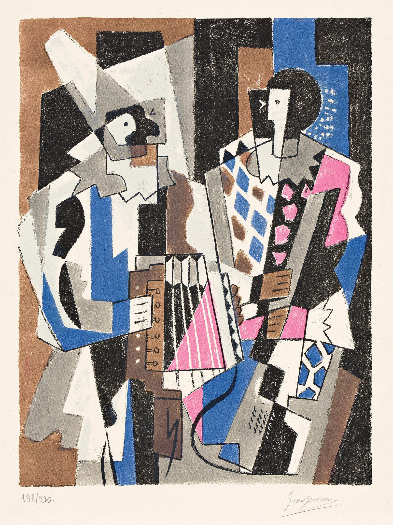 Gino Severini (1883-1966), Les Arlequins, 1954.: Gino Severini (1883-1966) Les Arlequins. Color lithograph, 1954. Signed and numbered 198/220 in pencil, lower margin. Meloni 24. Image: 14 7/8 x 11 1/4 in. (37.8 x 28.6 cm.), full margins.