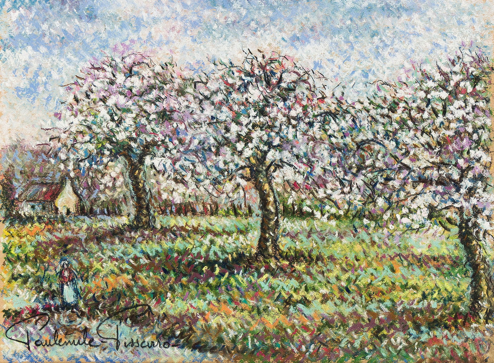Paul-Émile Pissarro (1884-1972), Pommiers en fleurs, circa 1945.: Paul-Émile Pissarro (1884-1972) Pommiers en fleurs. Color pastel on tan wove paper, circa 1945. Signed lower left. 9 3/4 x 13 1/4 in. (24.8 x 33.7 cm.) Frame: 22 1/2 x 25 1/2 in. (57.2 x 64.8 c