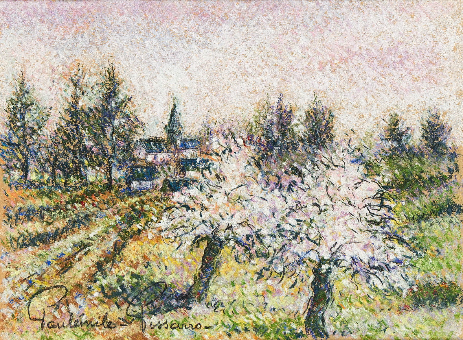Paul-Émile Pissarro (1884-1972), Le Bourg de Vaucelles, circa 1948.: Paul-Émile Pissarro (1884-1972) Le Bourg de Vaucelles. Color pastel on wove paper, circa 1948. Signed lower left. 9 3/4 x 13 in. (24.8 x 33 cm.) Frame: 22 x 25 1/4 in. (55.9 x 64.1 cm.)