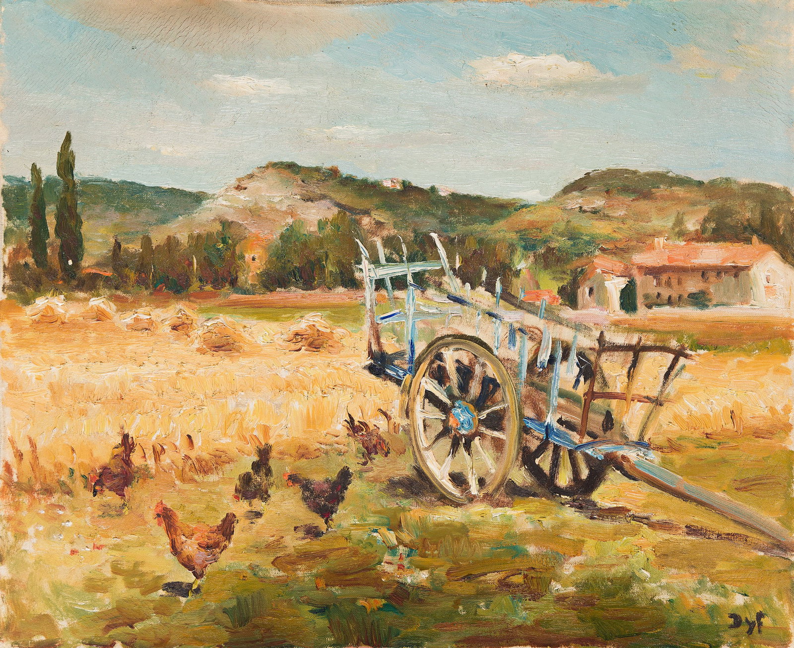 Marcel Dyf (1899-1985), Moisson aux poules en Provence, 1950.: Marcel Dyf (1899-1985) Moisson aux poules en Provence. Oil on canvas, 1950. Signed lower right. 15 x 18 in. (38 x 46 cm.) Frame: 18 3/4 x 21 3/4 in. (47.6 x 55.2 cm.) Note Claudine