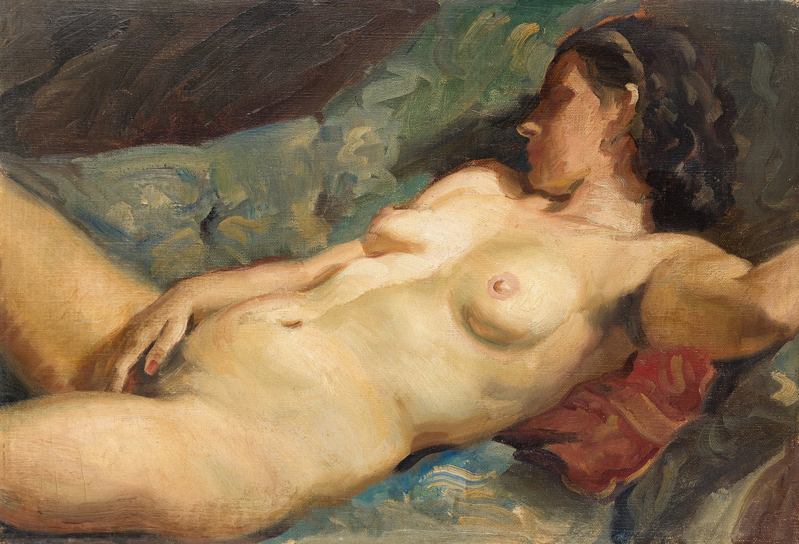 George Owen Wynne Apperley (1884-1960), Desnudo femenino, circa 1950.: George Owen Wynne Apperley (1884-1960) Desnudo femenino. Oil on canvas, circa 1950. 14 x 20 1/2 in. (35.6 x 52.1 cm.) Frame: 22 1/4 x 28 1/2 in. (56.5 x 72.4 cm.) Note Mr. Enrique "Riki" A