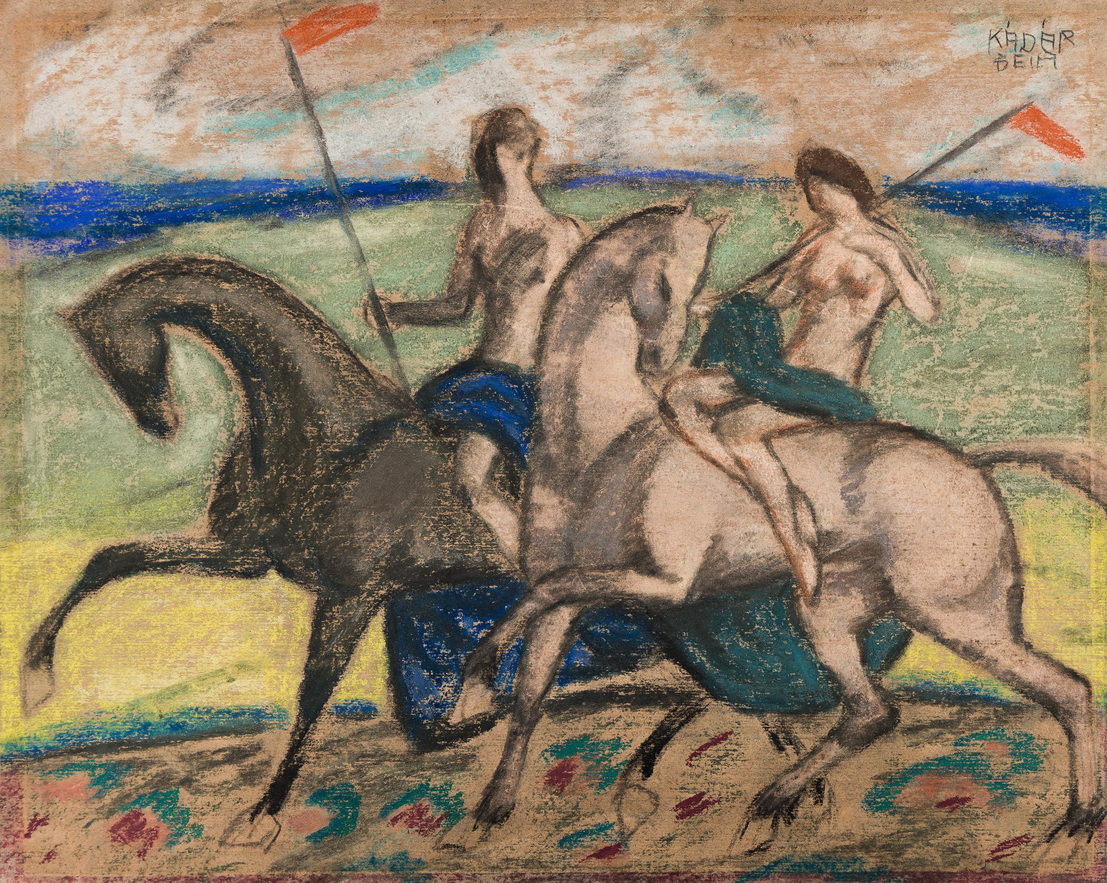 Béla Kádár (1877-1956), Two Riders on Horseback.: Béla Kádár (1877-1956) Two Riders on Horseback. Pastel on grey wove paper. Signed in pencil, upper right. 14 x 17 1/2 in. (35.6 x 44.5 cm.) Frame: 20 3/4 x 24 1/8 in. (52.7 x 61.3 cm.