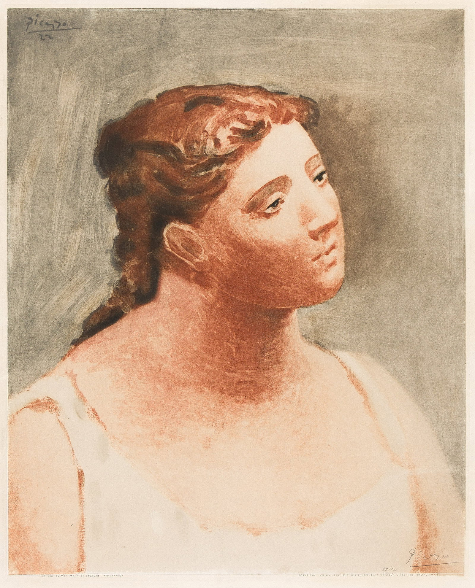 Pablo Picasso (After), Buste de femme en blanc, 1930.: Pablo Picasso (After) Buste de femme en blanc. Color aquatint on Chine appliqué, 1930 Signed and numbered 22/125 in pencil, lower right. Printed by Lagausie, Montrouge. Published by Editions des 