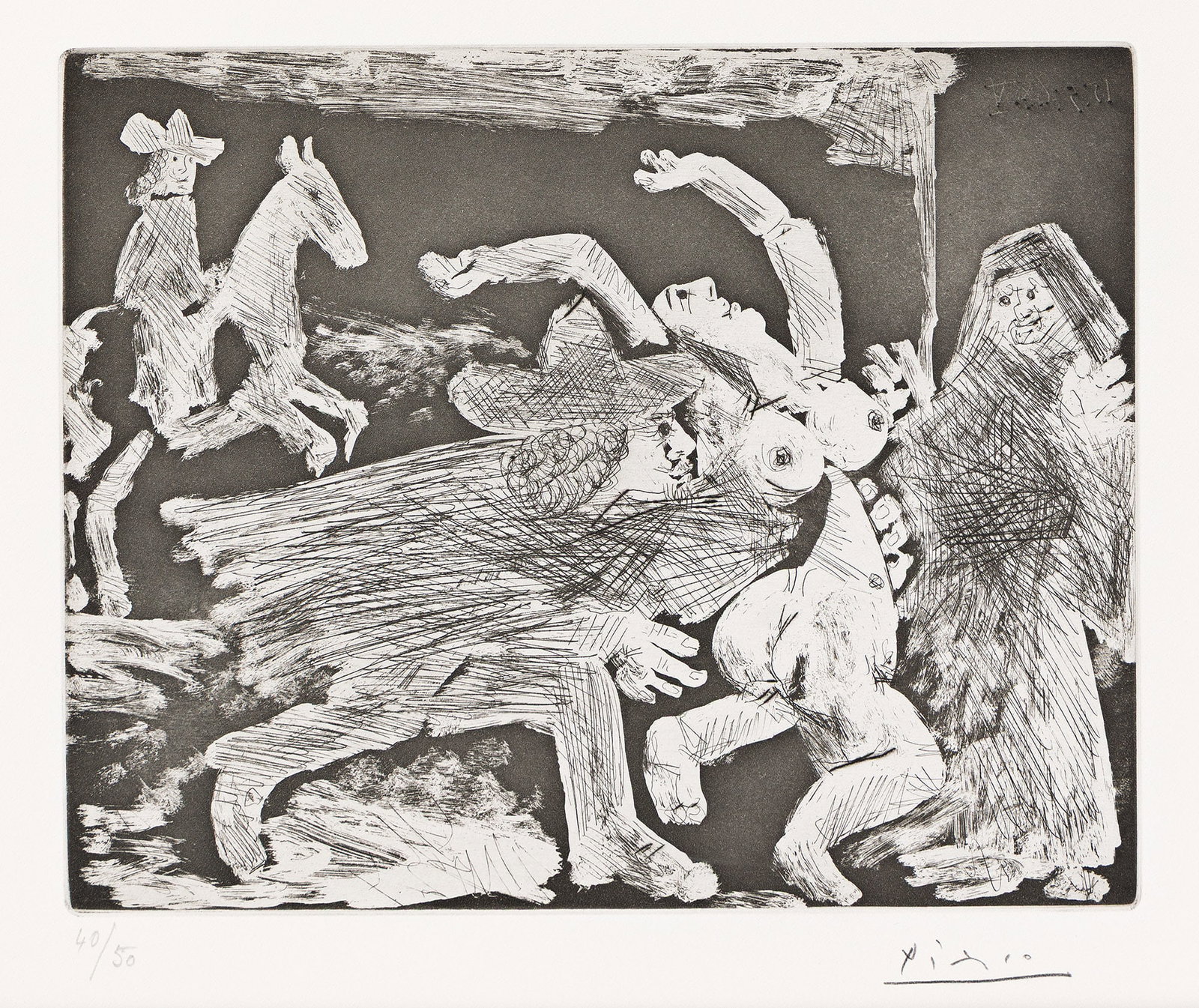 Pablo Picasso (1881-1973), Series 347:090 (La Celestine, enlèvement), 1968.: Pablo Picasso (1881-1973) Series 347:090 (La Celestine, enlèvement). Aquatint, etching and drypoint, 1968. Signed and numbered 40/50 in pencil, lower margin. Printed by Crommelynck, Mougins. Publ
