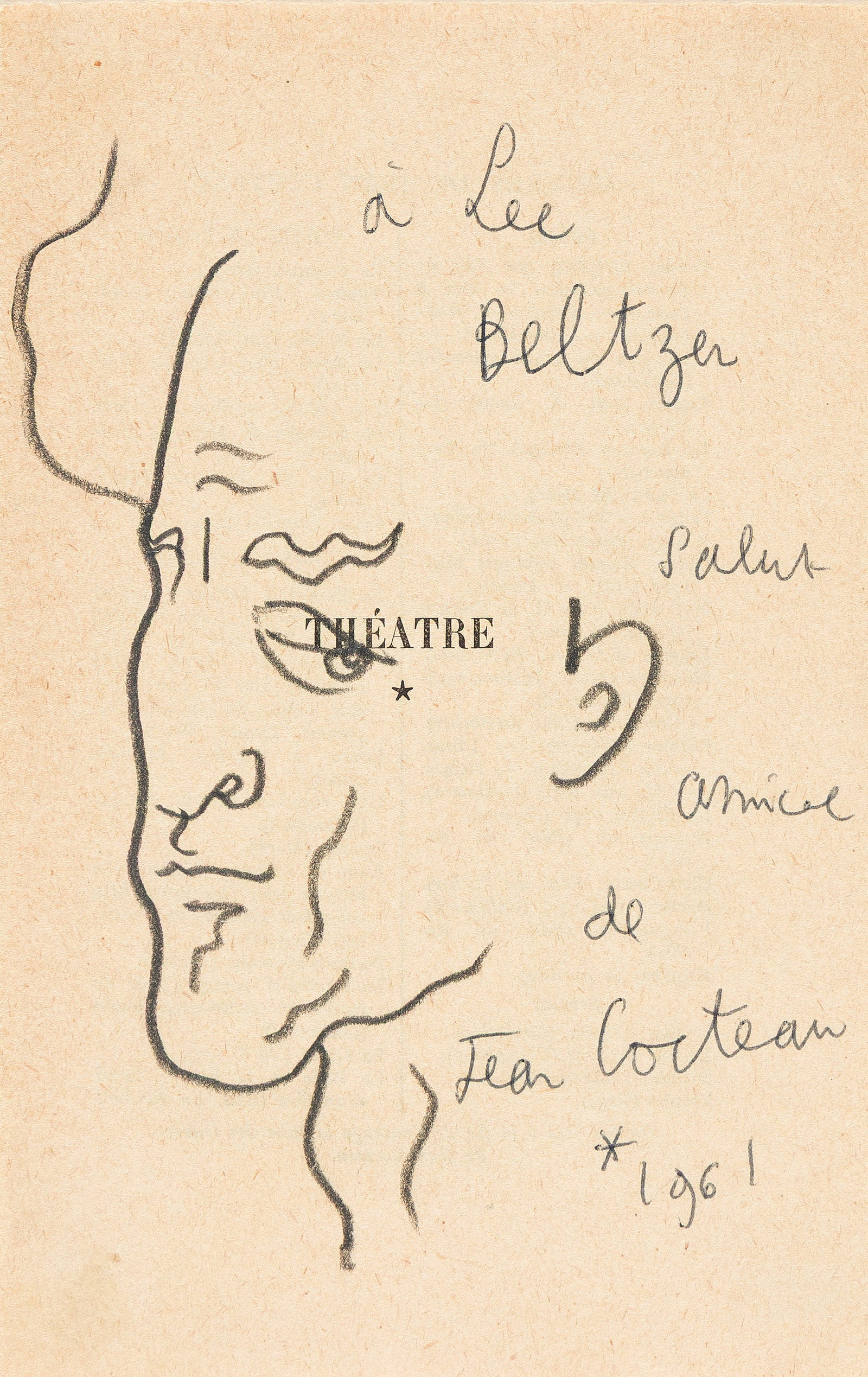 Jean Cocteau (1889-1963), Portrait, circa 1961.: Jean Cocteau (1889-1963) Portrait. Pencil sketch on the title page of Théâtre, circa 1961. Signed, dated and dedicated in ink. 7 1/4 x 4 5/8 in. (18.4 x 11.7 cm.) Frame: 14 x 10 3/4 in. (3