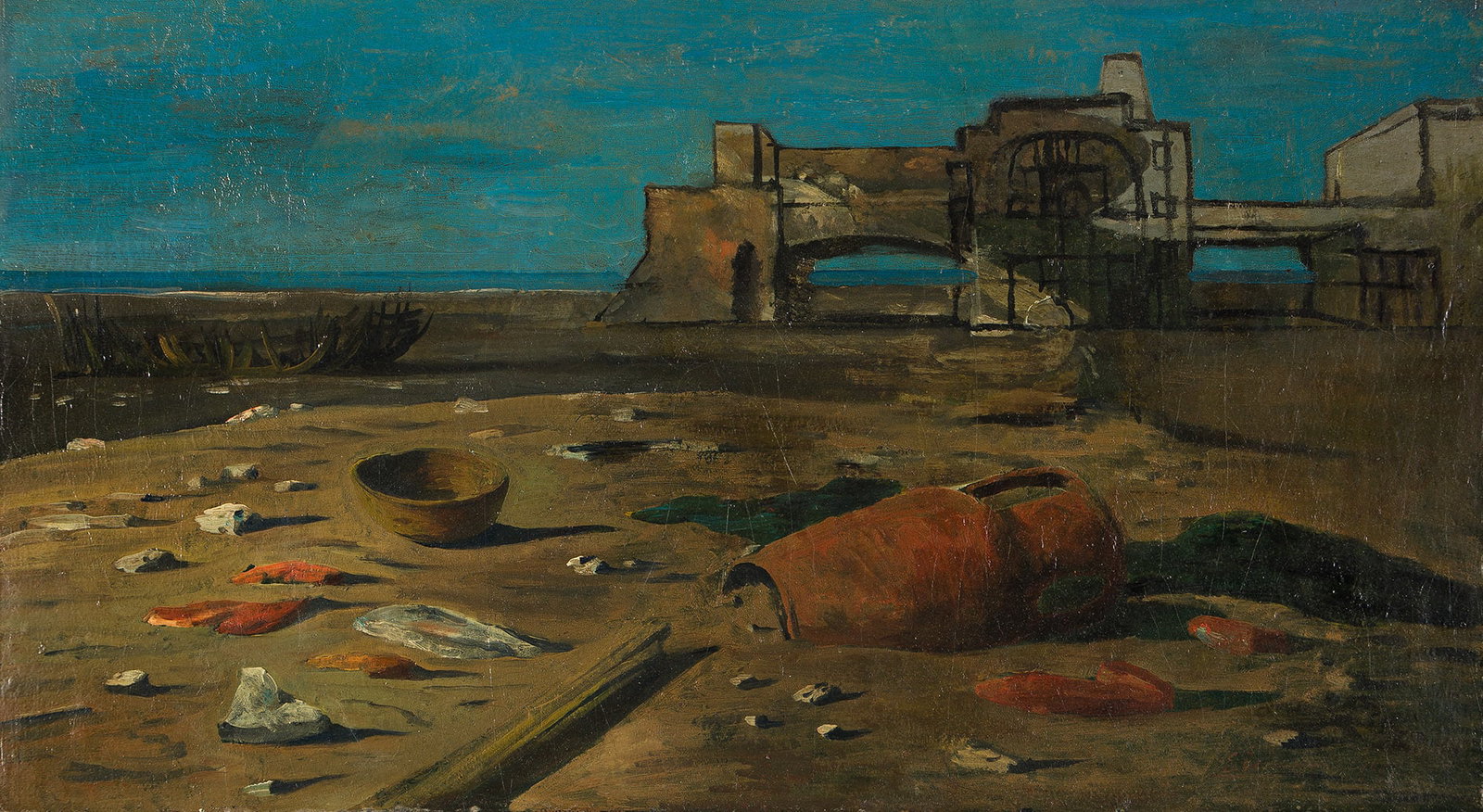Eugene Berman (1899-1972), Débris antique dans un paysage, 1933.: Eugene Berman (1899-1972) Débris antique dans un paysage. Oil on canvas, 1933. Signed and dated lower right. Signed, dated, titled and inscribed verso. 17 3/4 x 31 7/8 in. (45.1 x 81 cm.) Frame