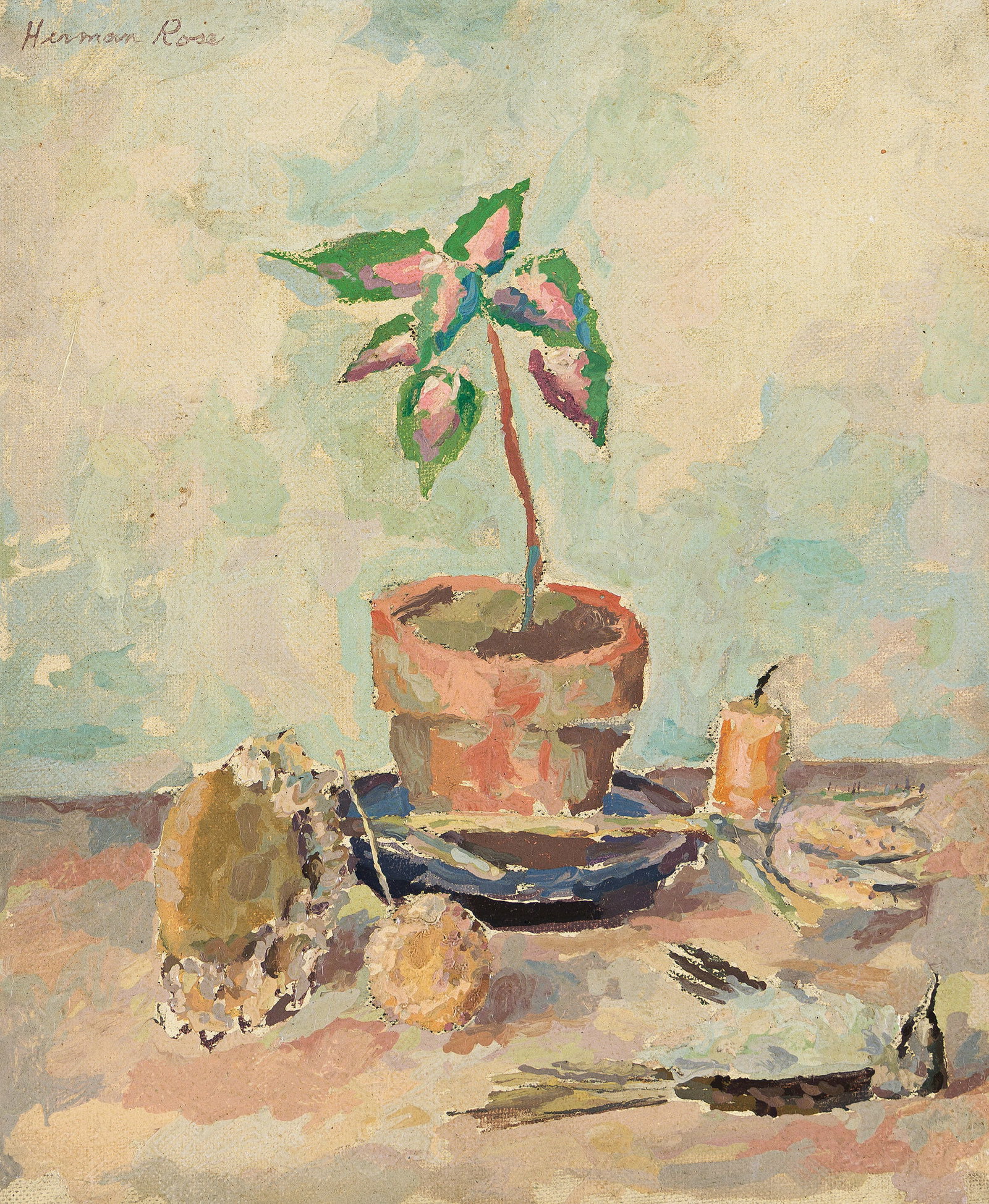 Herman Rose (1909-2007), Still Life with Potted Plant and Bird.: Herman Rose (1909-2007) Still Life with Potted Plant and Bird. Oil on canvas board. Signed upper left. Inscribed "#2" in pencil, verso. 9 5/8 x 8 in. (24.4 x 20.3 cm.) Provenance: Collect