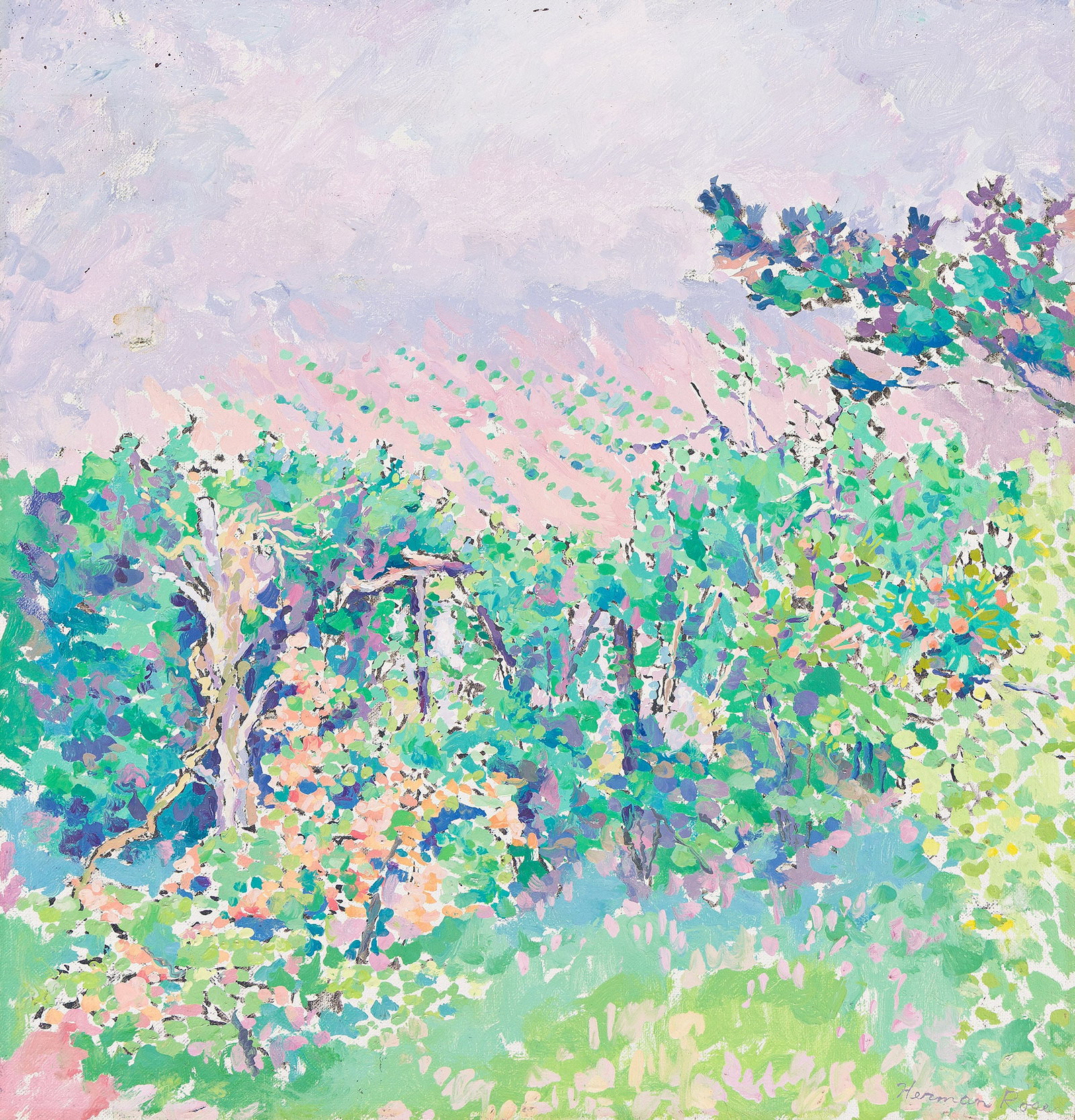 Herman Rose (1909-2007), Trees.: Herman Rose (1909-2007) Trees. Oil on canvas mounted to masonite. Signed lower right. 15 5/8 x 14 7/8 in. (39.7 x 37.8 cm.) Frame: 18 1/4 x 17 1/2 in. (46.4 x 44.5 cm.) Provenance: Col