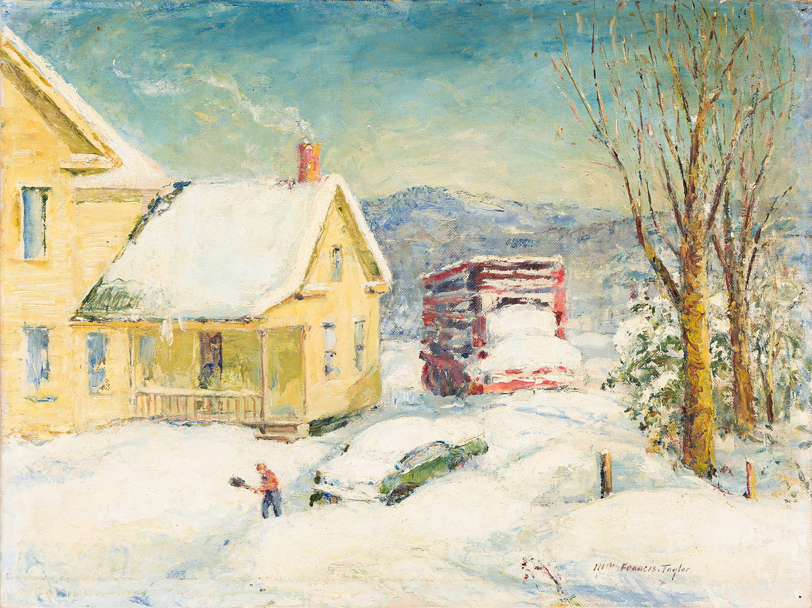 William Francis Taylor (1883-1970), Shoveling the Car.: William Francis Taylor (1883-1970) Shoveling the Car. Oil on canvas board. Signed lower right. 11 7/8 x 15 7/8 in. (30.2 x 40.3 cm.) Frame: 15 x 19 5/8 in. (38.1 x 49.8 cm.) Provenance: