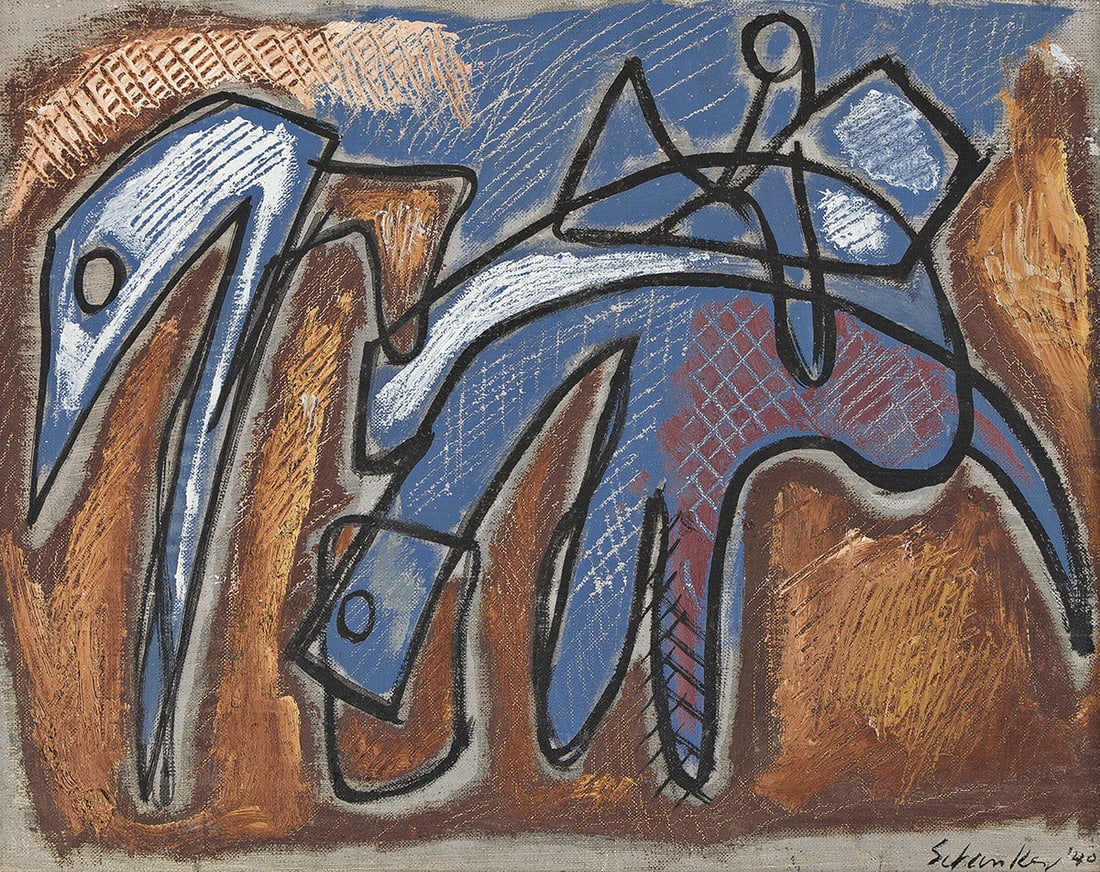 Louis Schanker (1903-1981), Horse and Rider, 1940.: Louis Schanker (1903-1981) Horse and Rider. Oil on canvas mounted to board, 1940. Signed and dated lower right. Signed and with the artist's address in oil, verso. 14 x 17 3/4 in. (35.6 x 45.1 cm.)