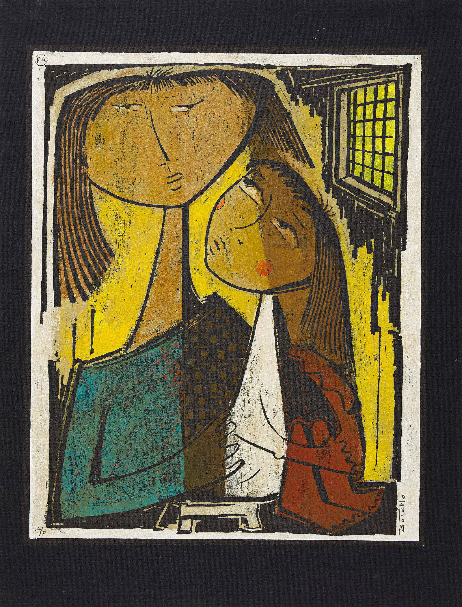 Ángel Botello (1913-1986), Madre e hija.: Ángel Botello (1913-1986) Madre e hija. Color linoleum cut on black wove paper. Artist proof. Incised with signature and inscription "A/P", lower margin. Image: 20 x 16 in. (50.8 x 40.6 cm.), ful