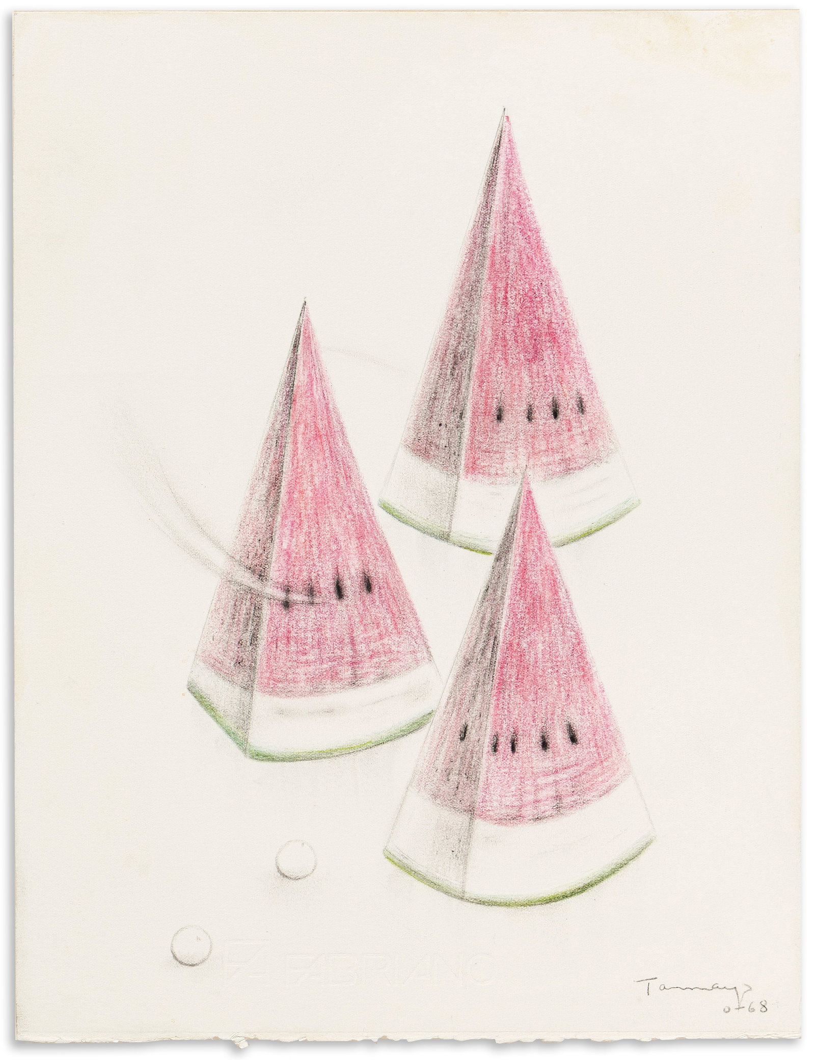 Rufino Tamayo (1899-1991), Tres sandías, 1968.: Rufino Tamayo (1899-1991) Tres sandías. Colored pencils on Fabriano wove paper, 1968. Signed and inscribed "O-68" in pencil, lower right. 13 1/4 x 10 1/8 in. (33.5 x 25.7 cm.) Frame: 16 1/2 x 1