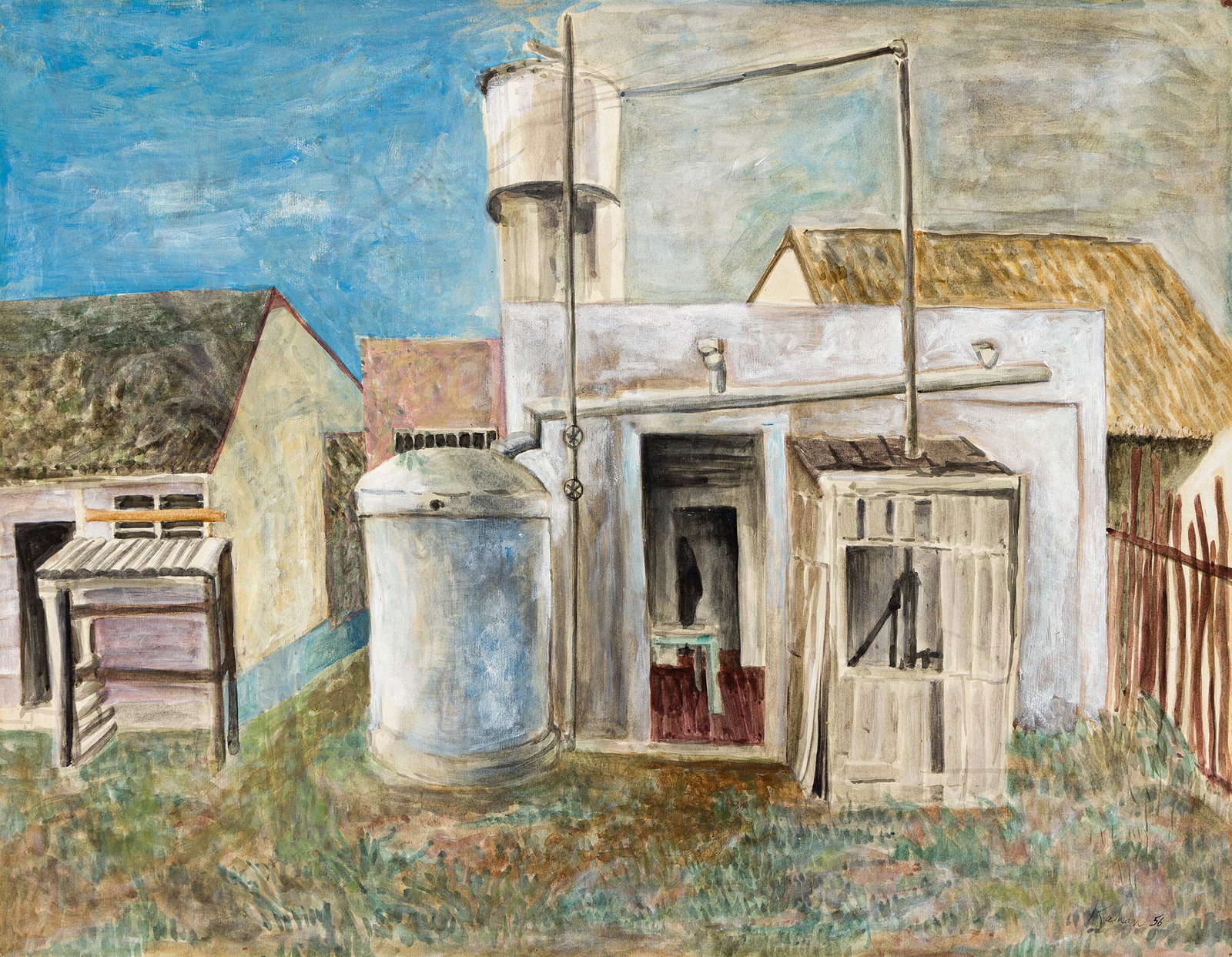 Louis Kahan (1905-2002), Untitled (Outbuildings), 1956.: Louis Kahan (1905-2002) Untitled (Outbuildings). Oil and watercolor on paper laid down to board, 1956. Signed and dated in ink, lower right. 19 7/8 x 25 1/2 in. (50.5 x 65 cm.) Frame: 26 3/4 x 32 1/